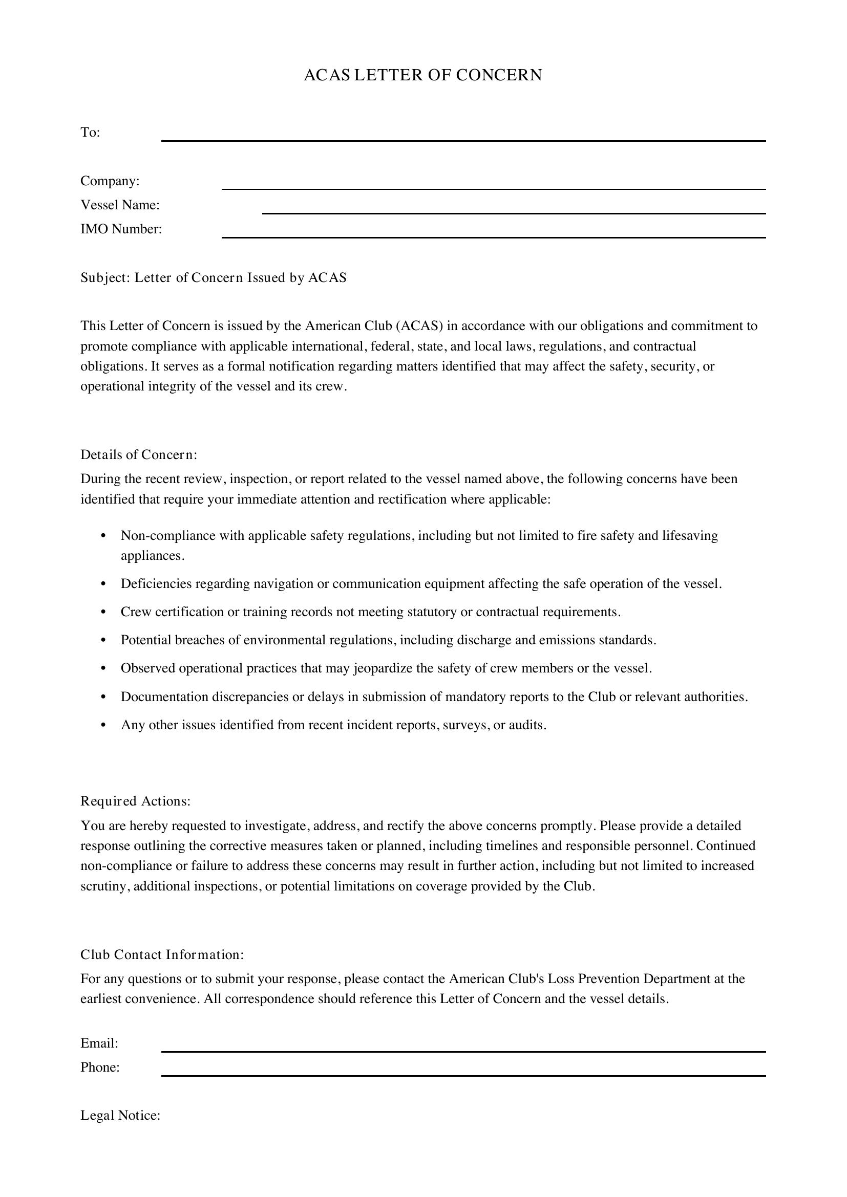 Acas Letter Of Concern Template