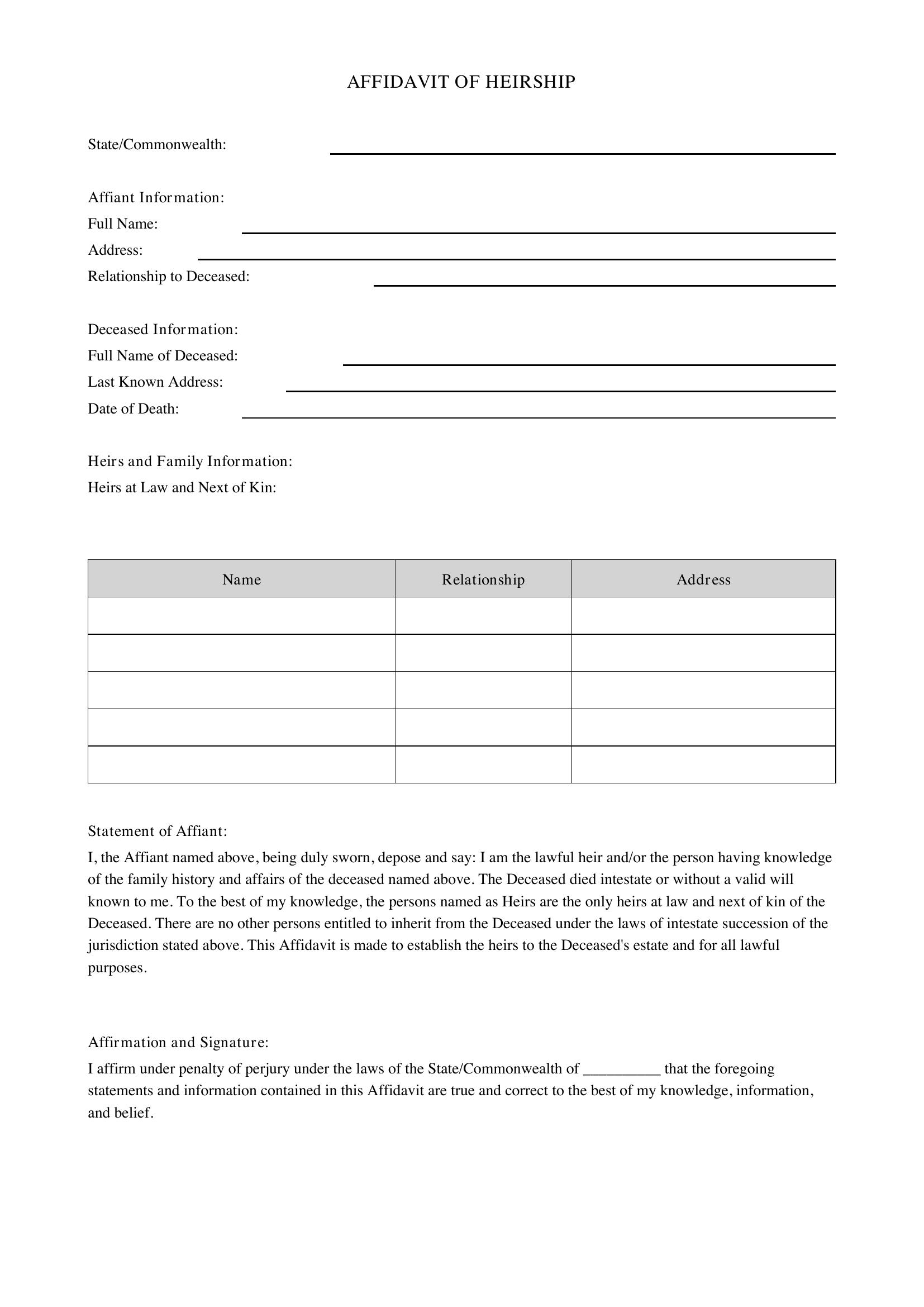 Affidavit Of Heirship Template