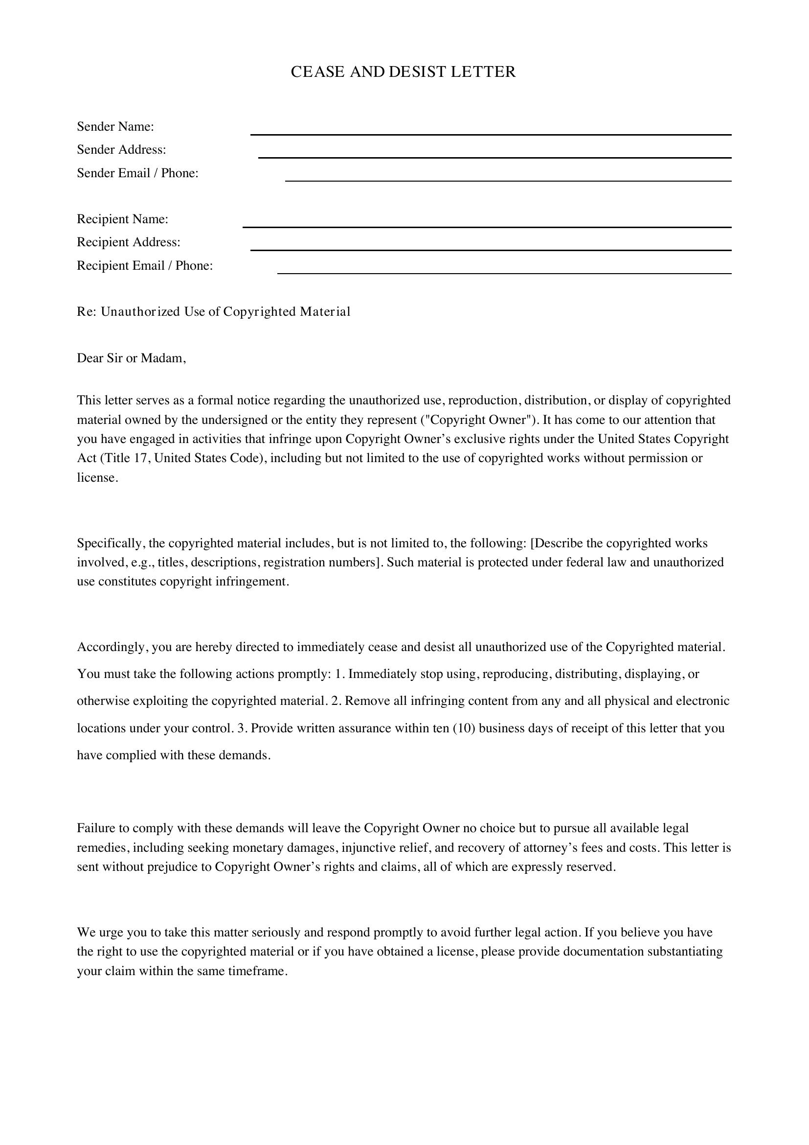 Cease And Desist Letter Copyright Infringement Template