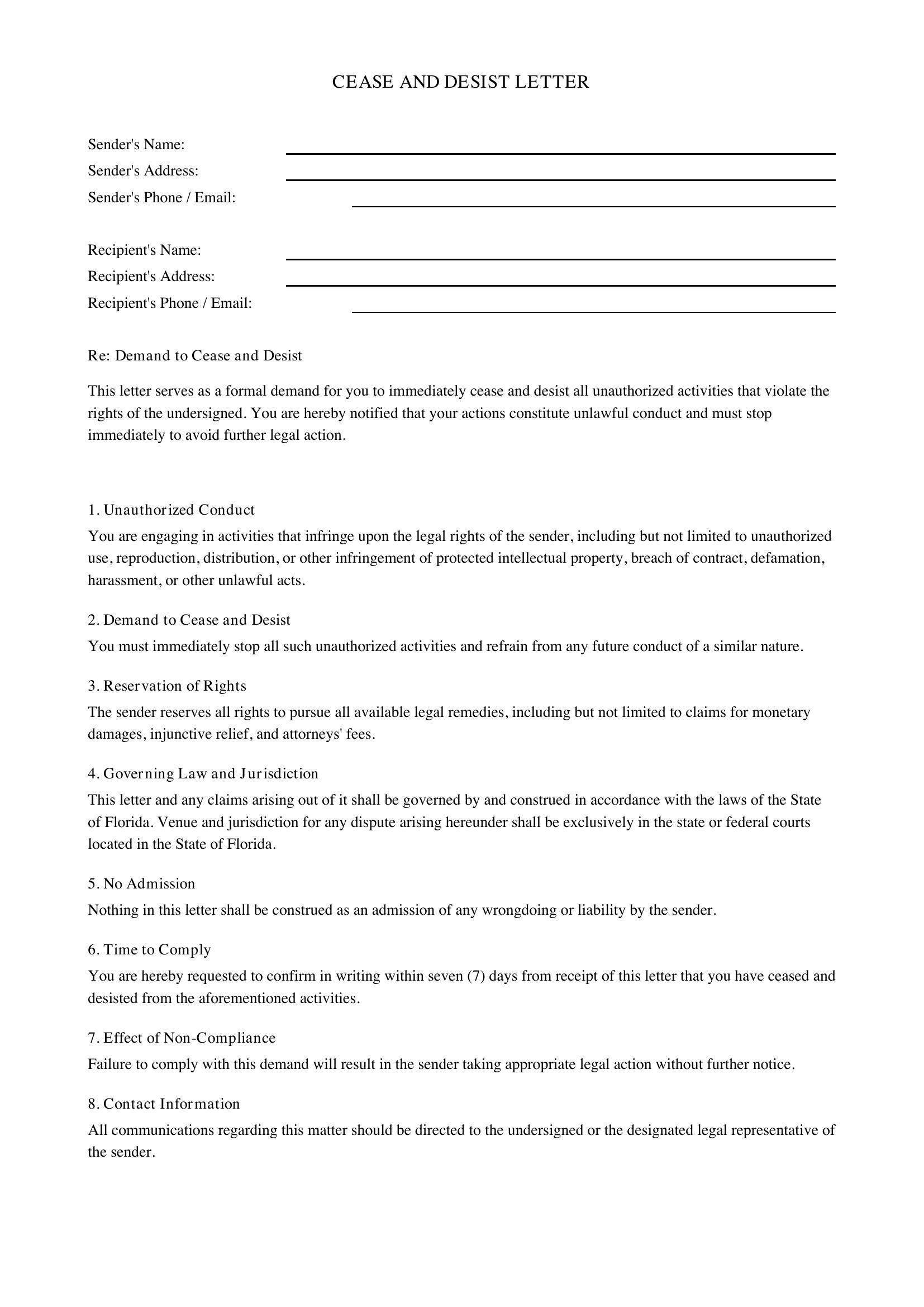 Cease And Desist Letter Florida Template