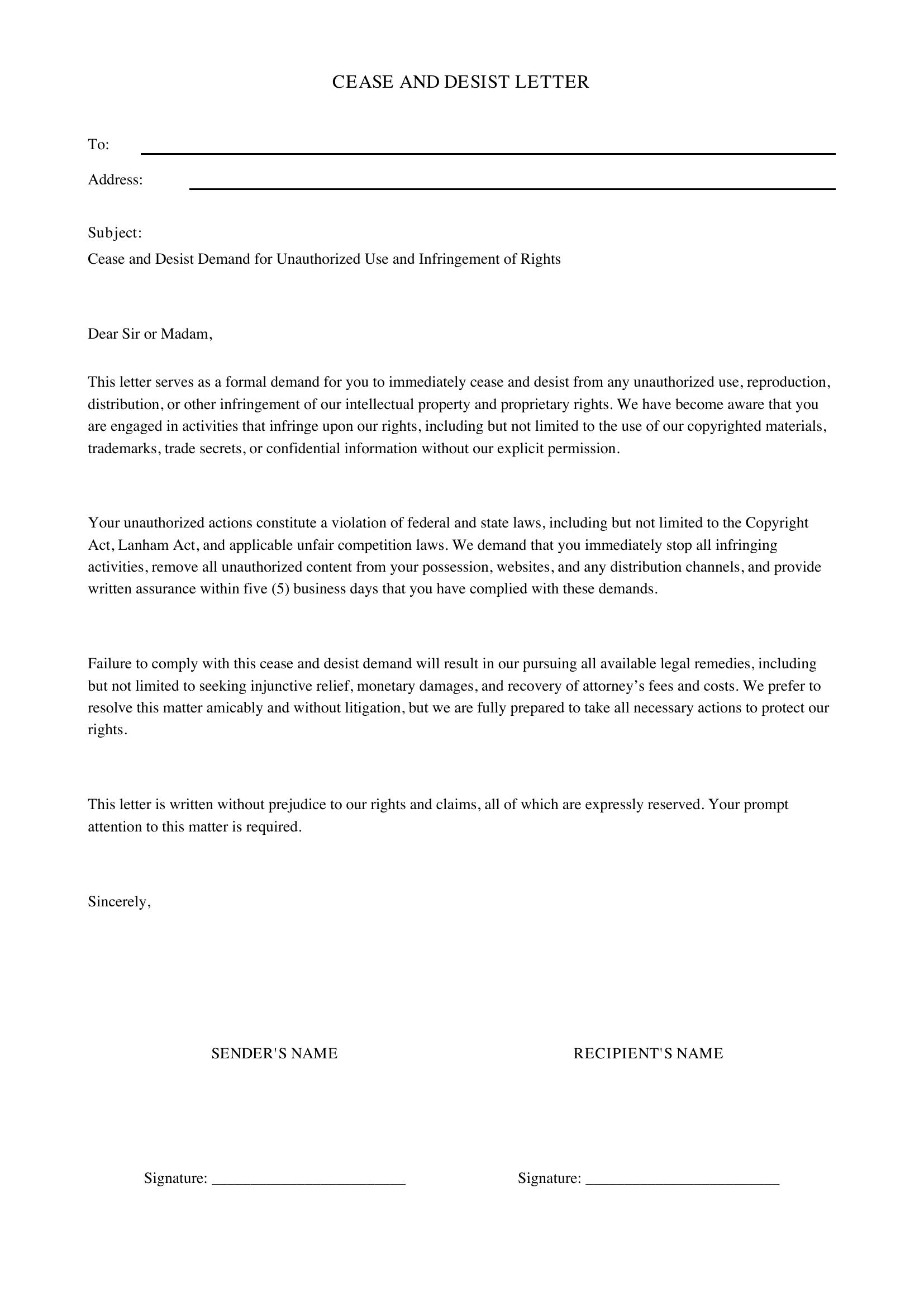 Cease And Desist Template