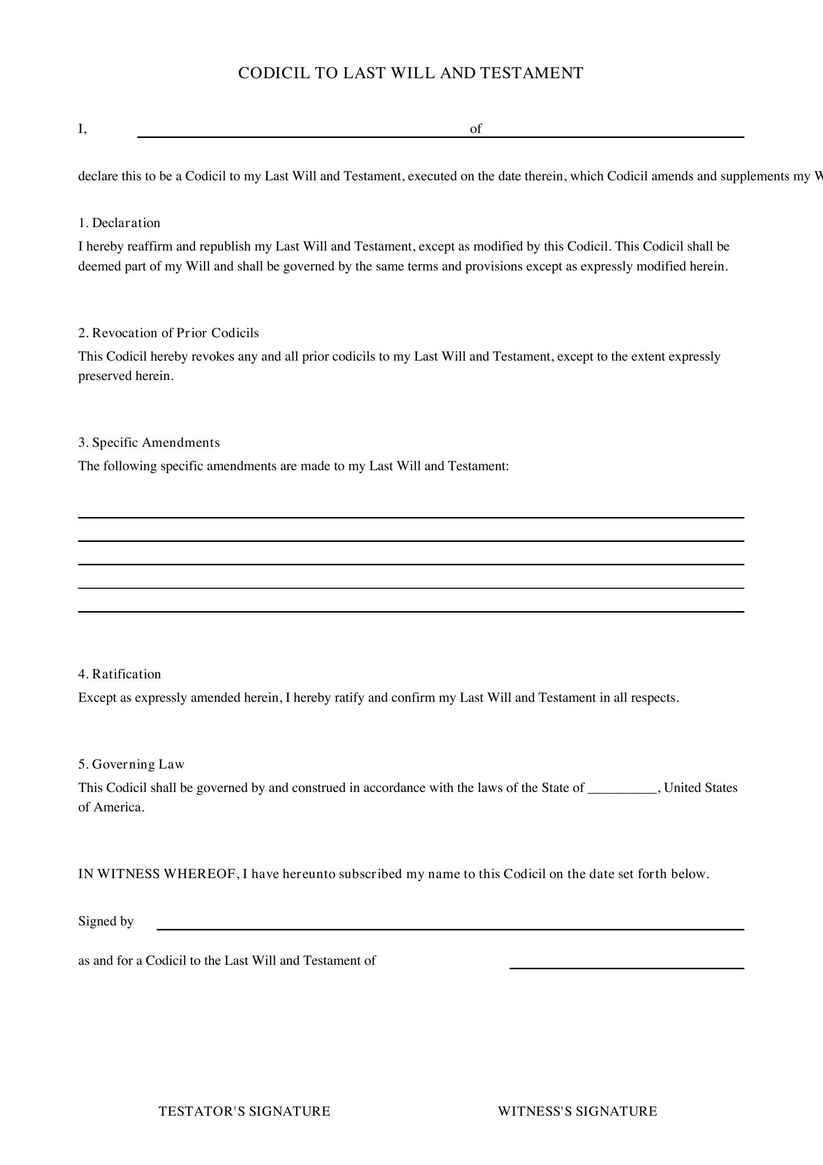 Codicil To Will Template