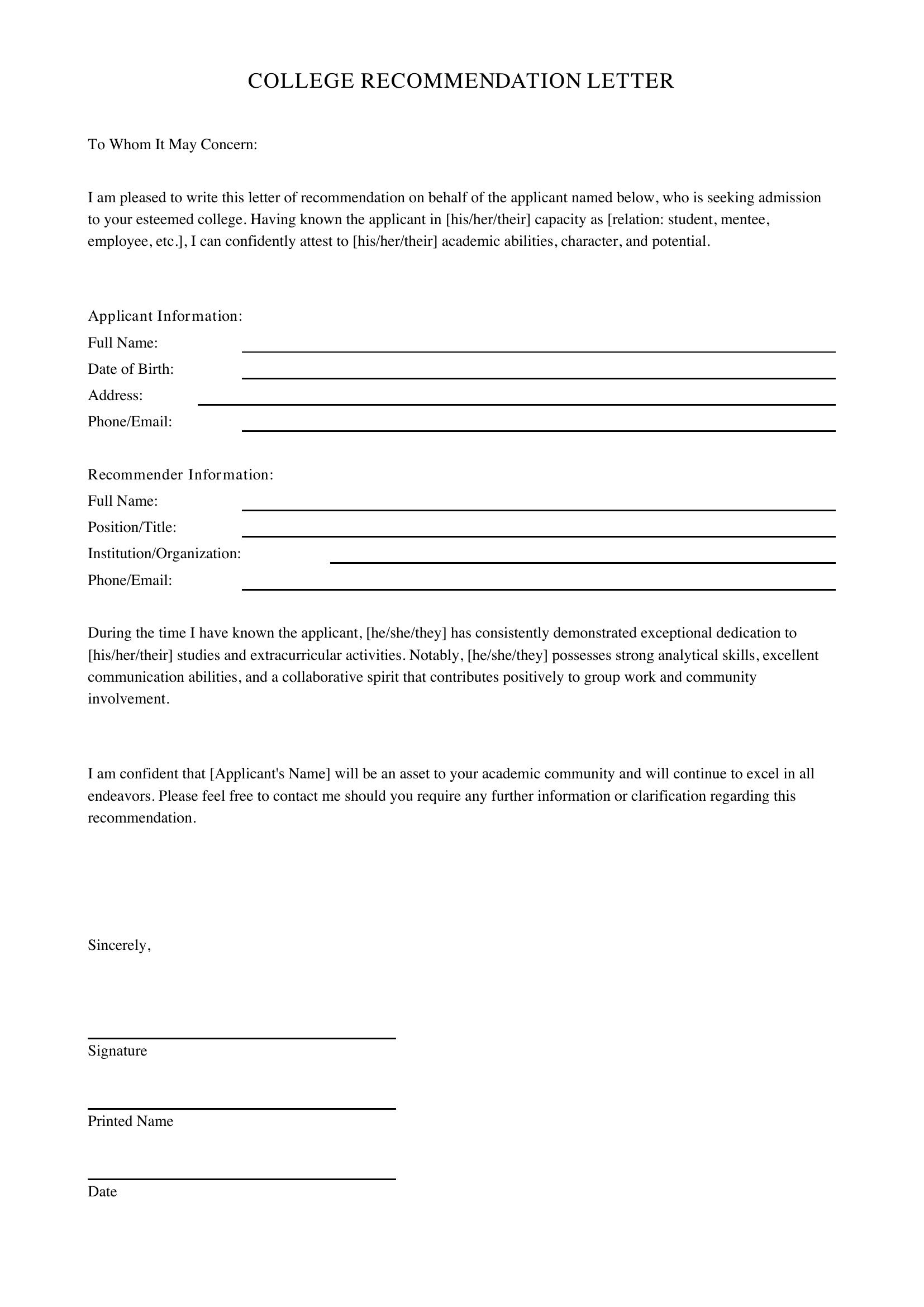 College Recommendation Letter Template