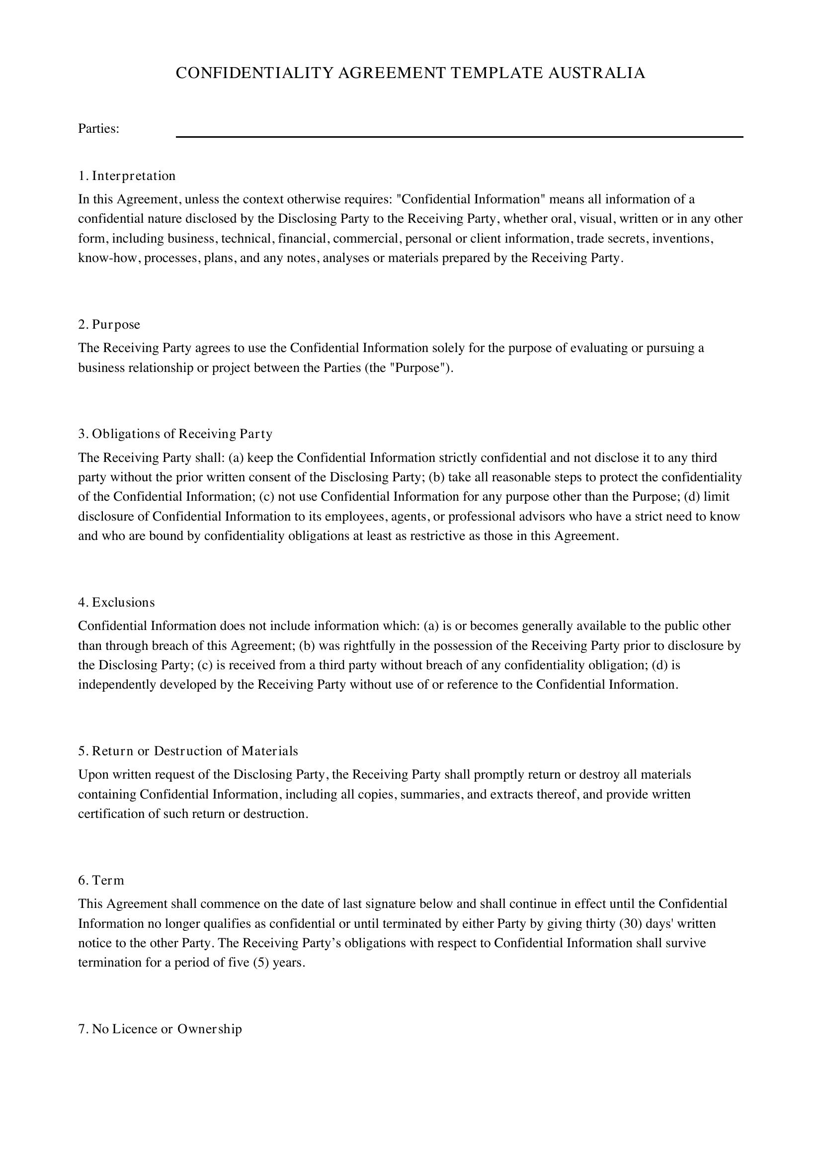 Confidentiality Agreement Template Australia