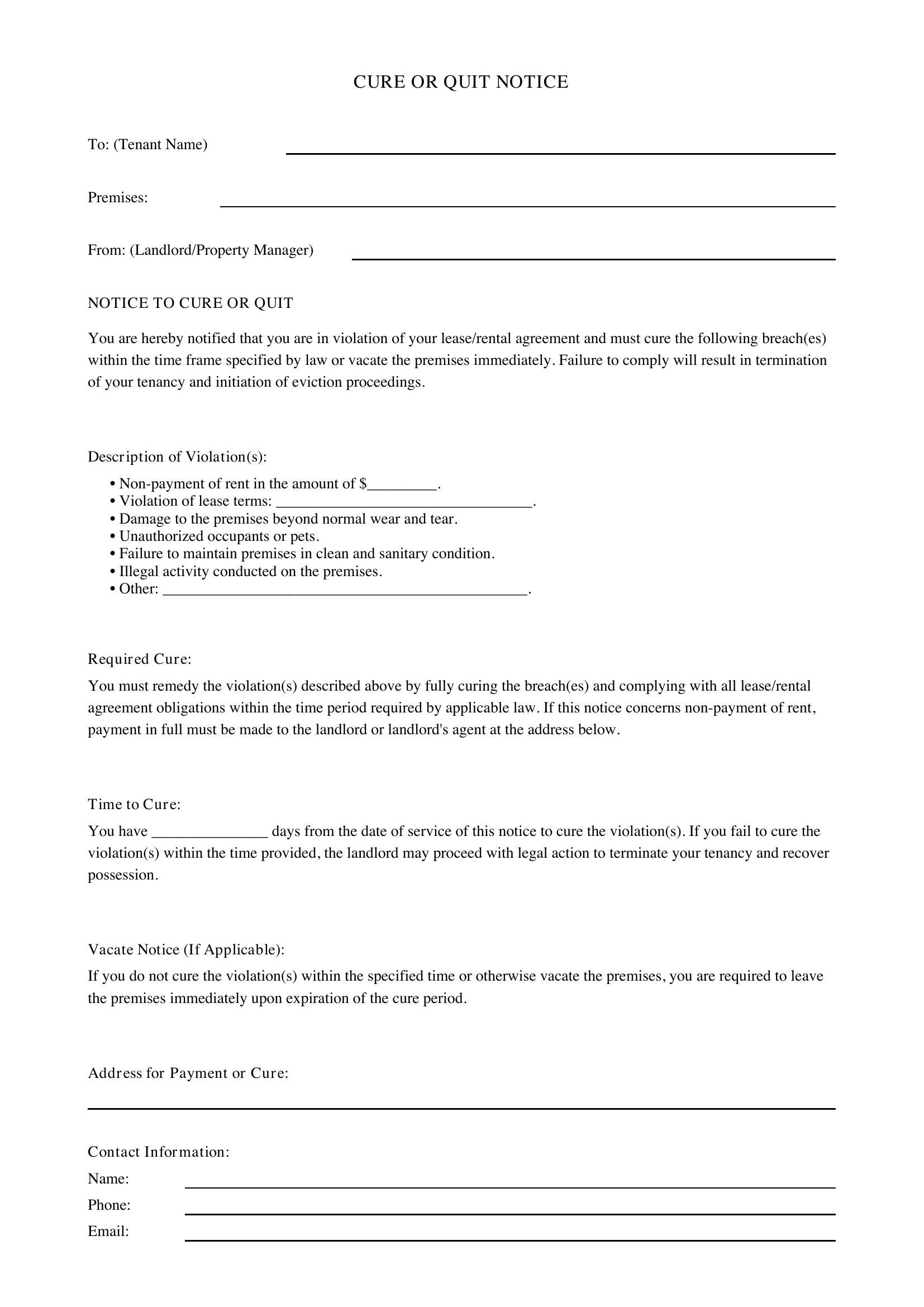 Cure Or Quit Notice Template