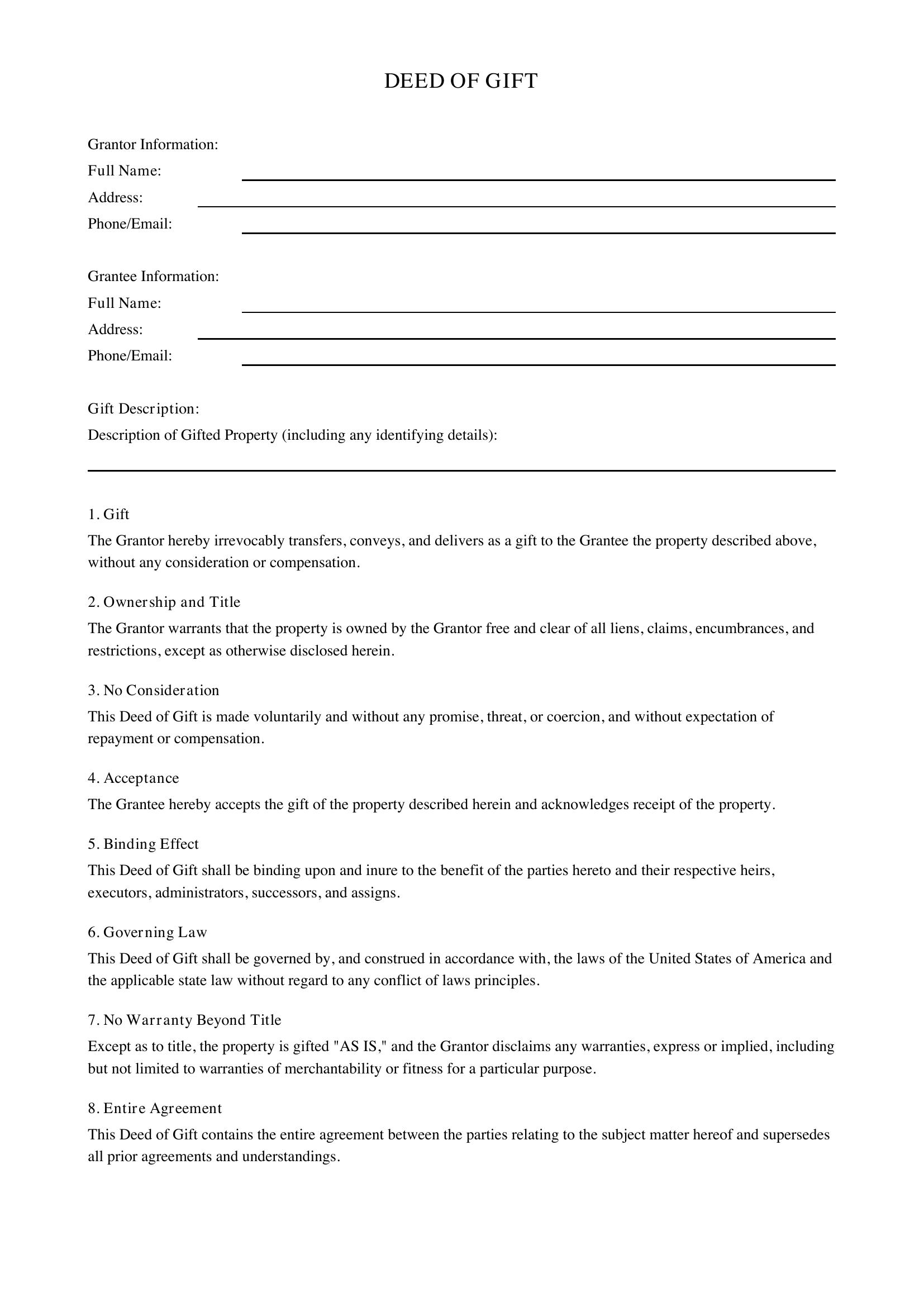Deed Of Gift Template