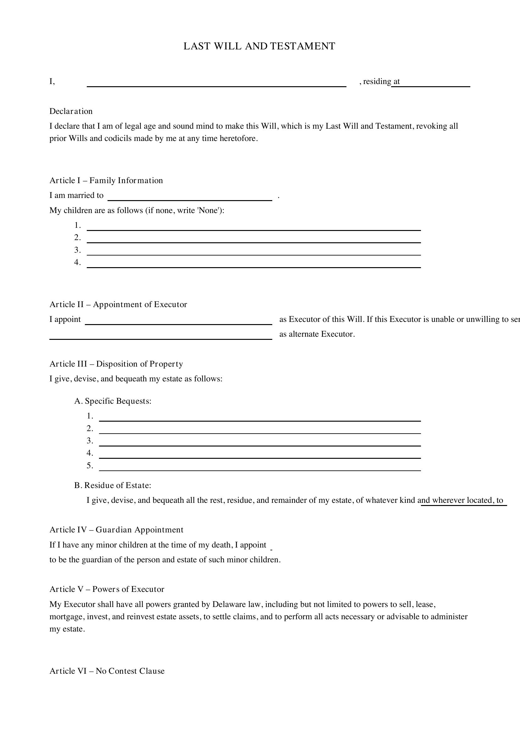 Delaware Will Template