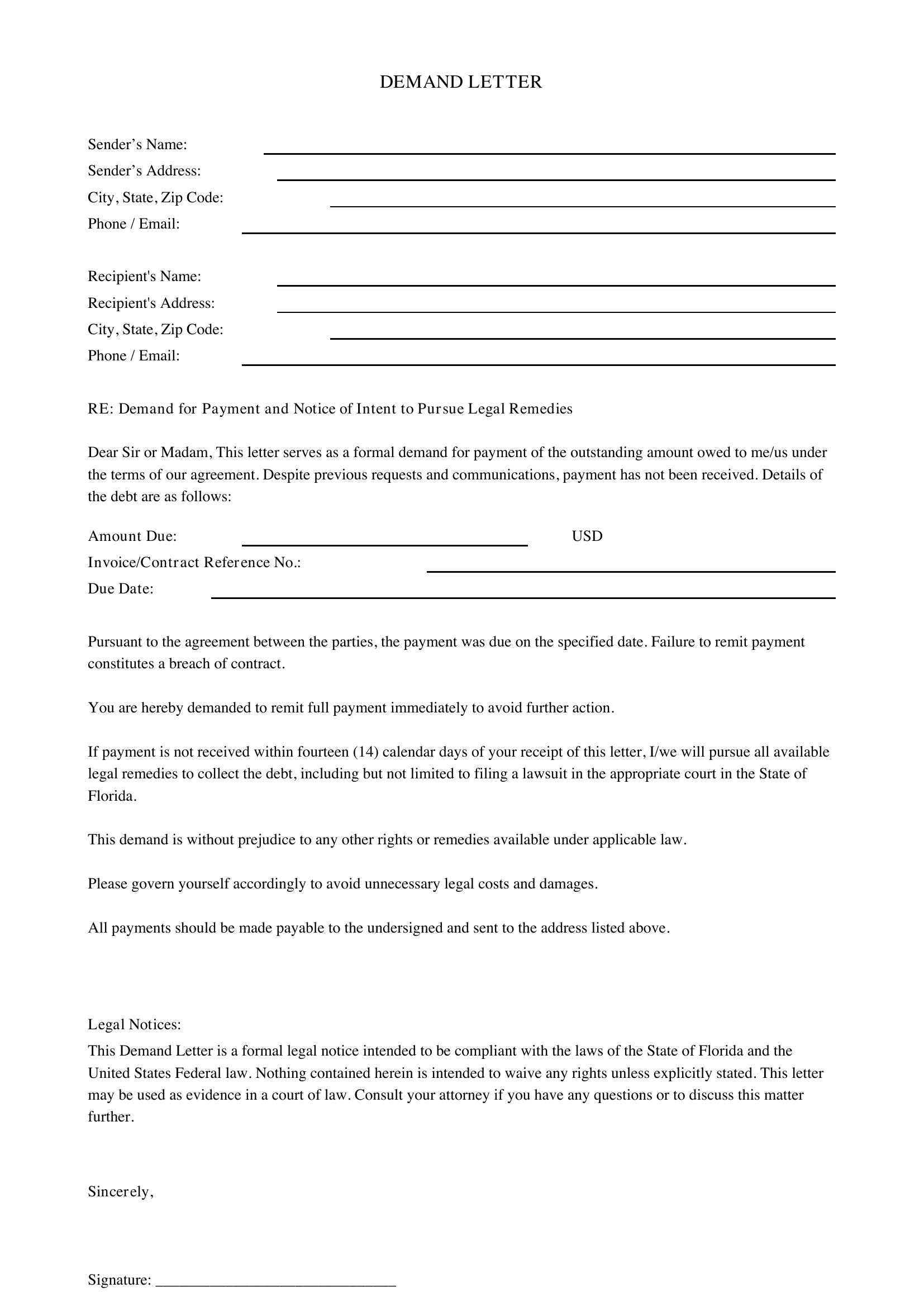 Demand Letter Florida Template