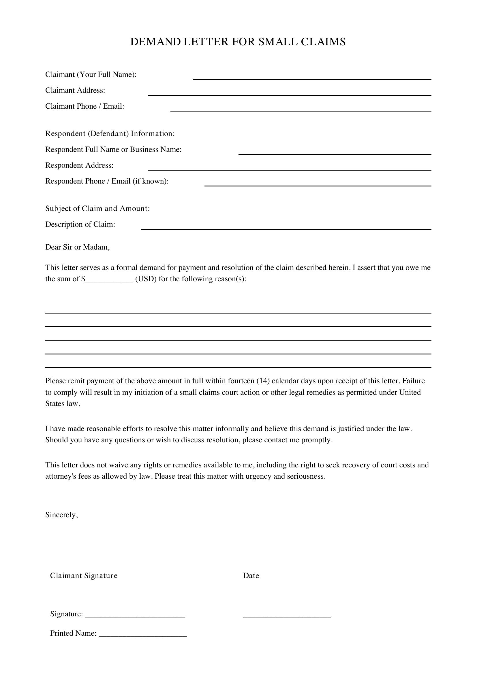 Demand Letter Template Small Claims