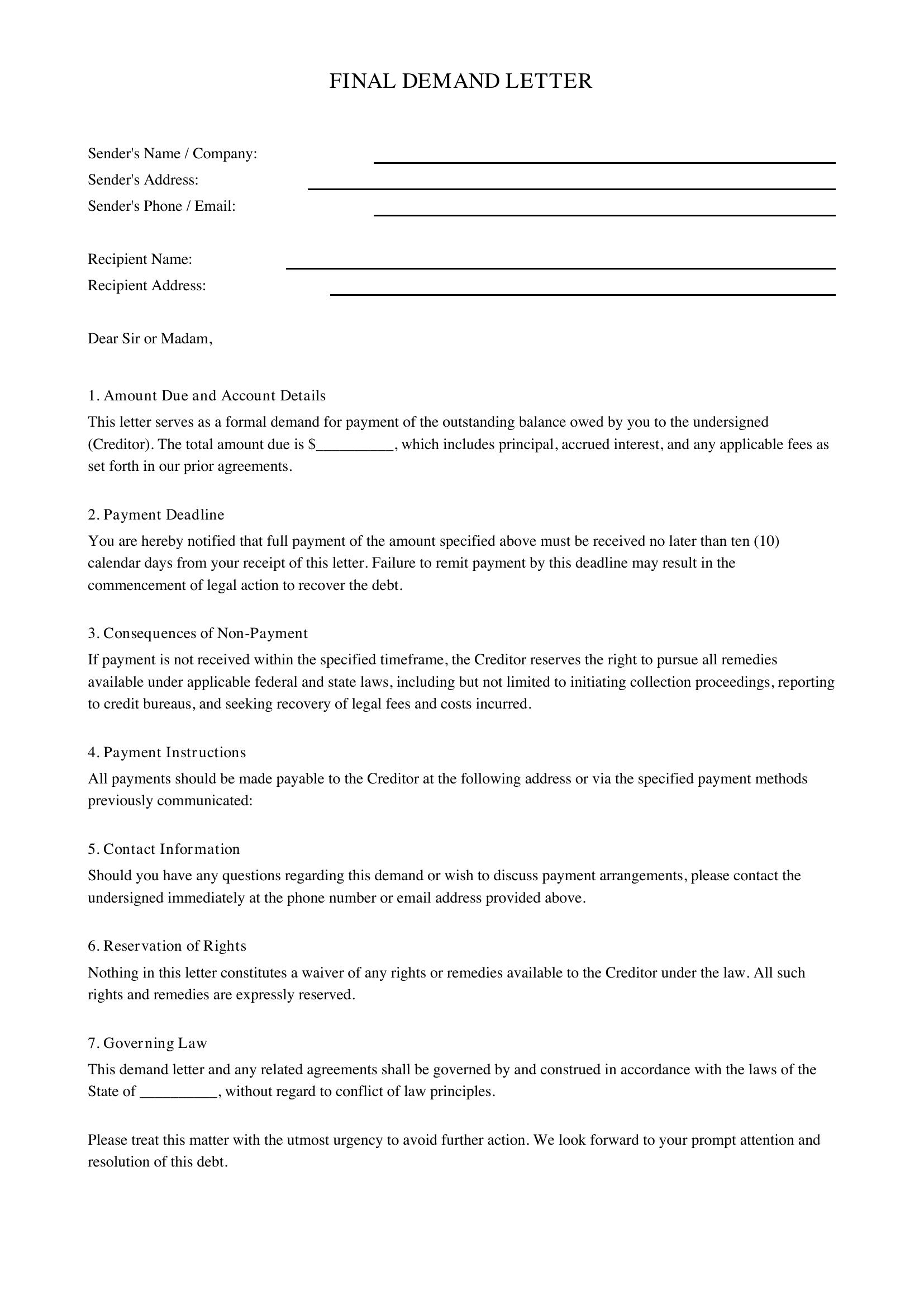 Final Demand Letter Template