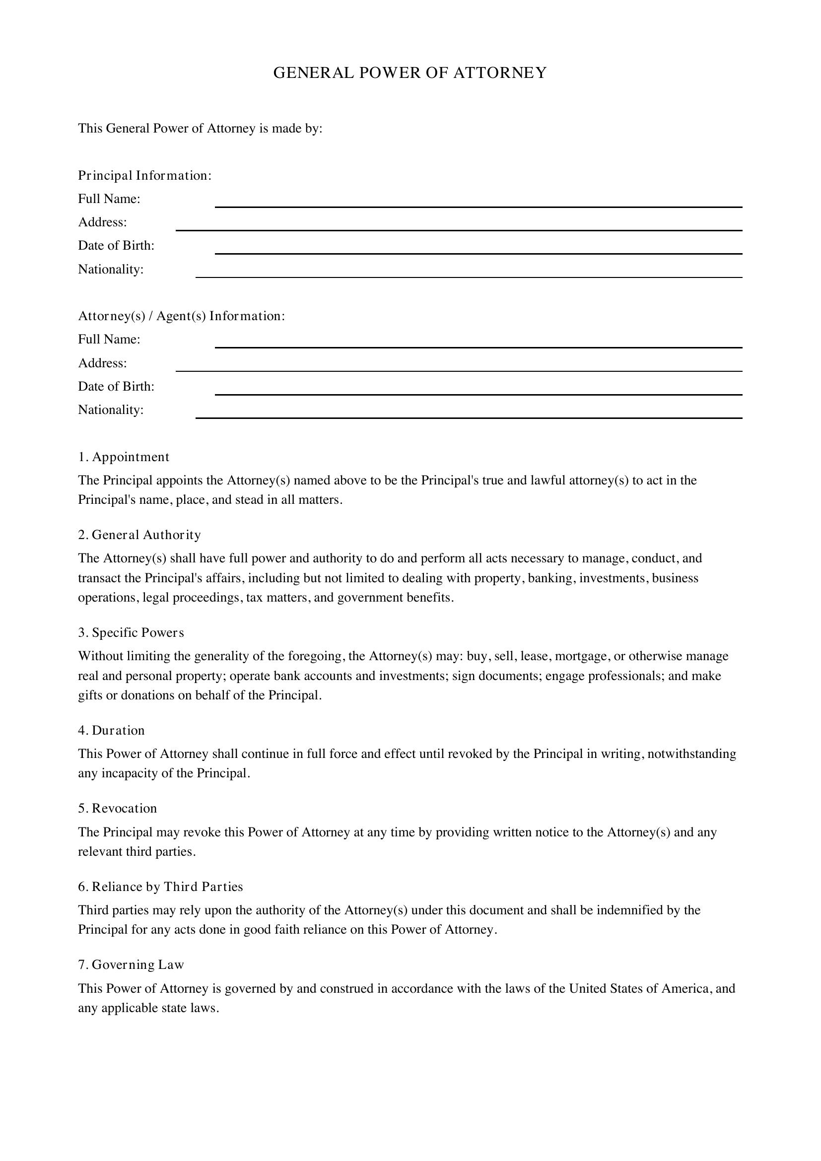 General Power Of Attorney Template Uk