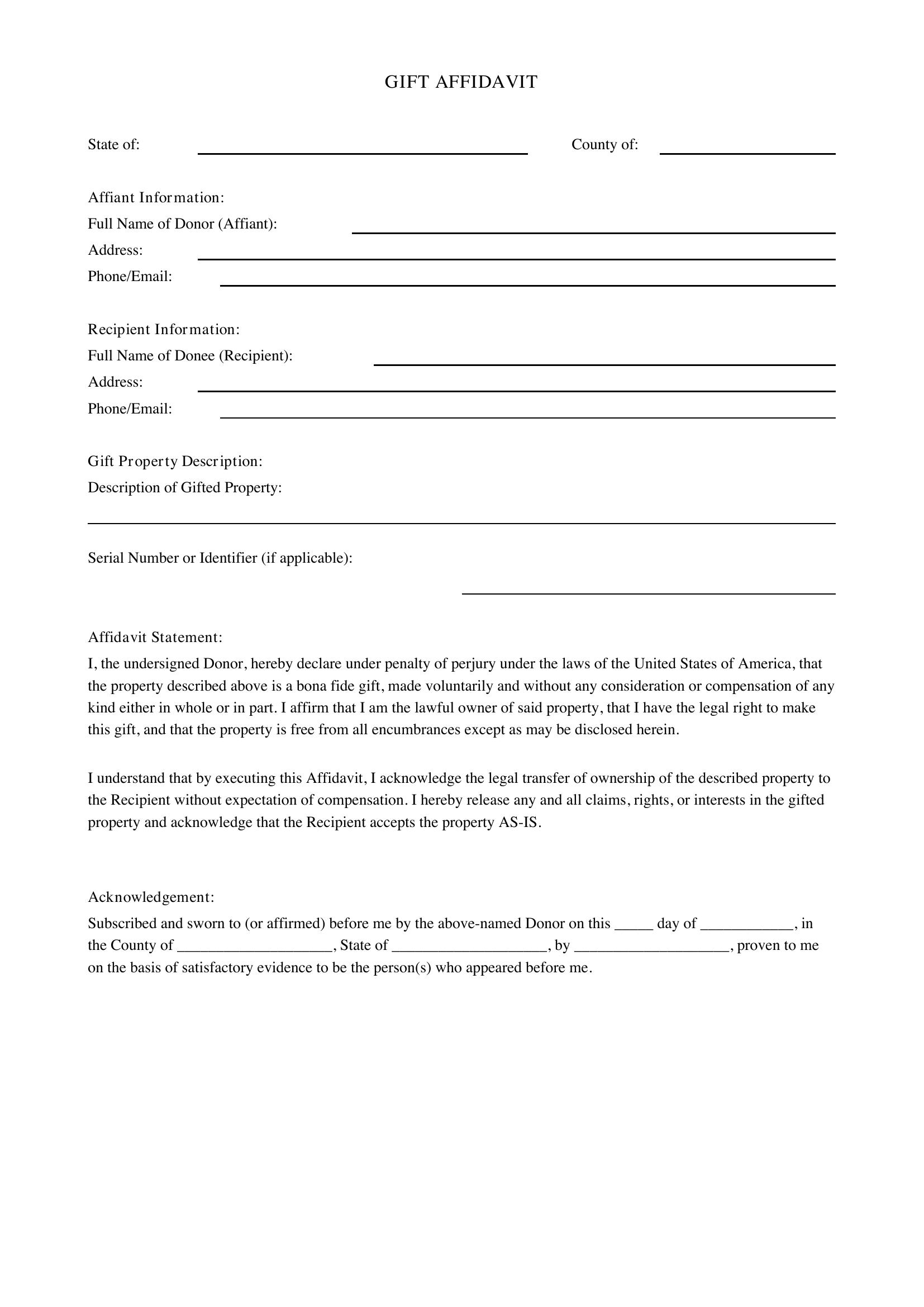 Gift Affidavit Template