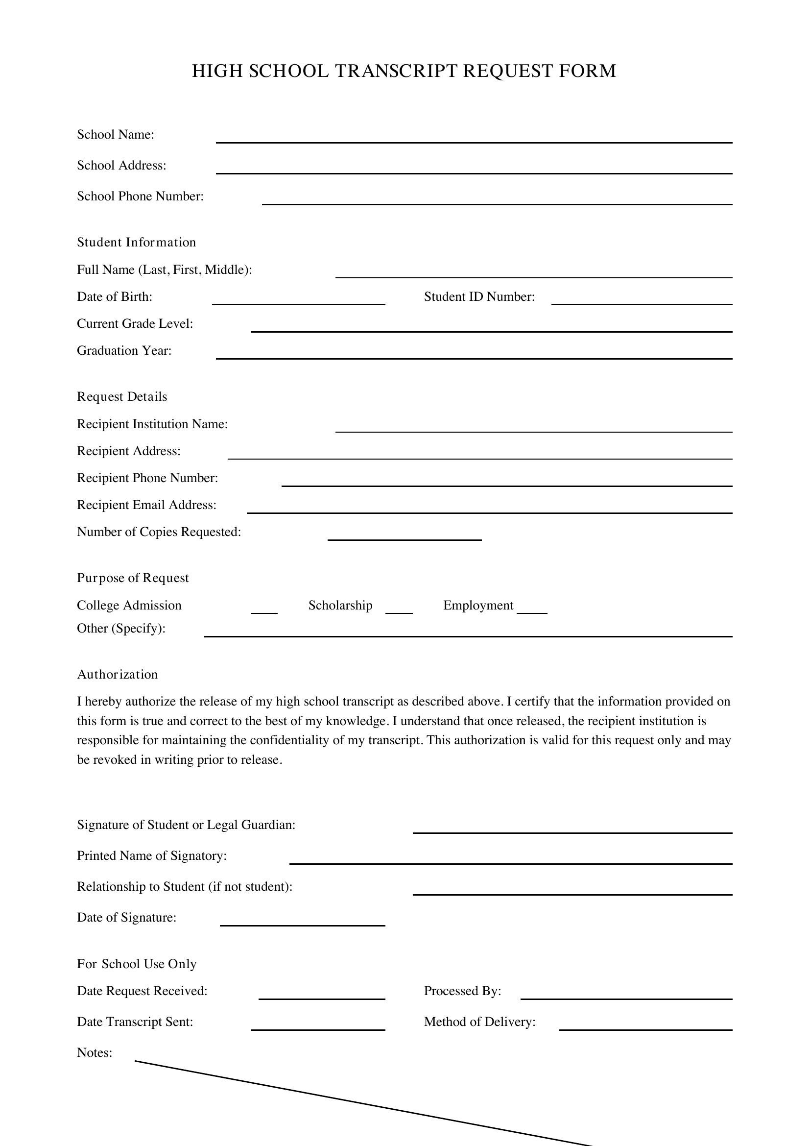 High School Transcript Request Form Template