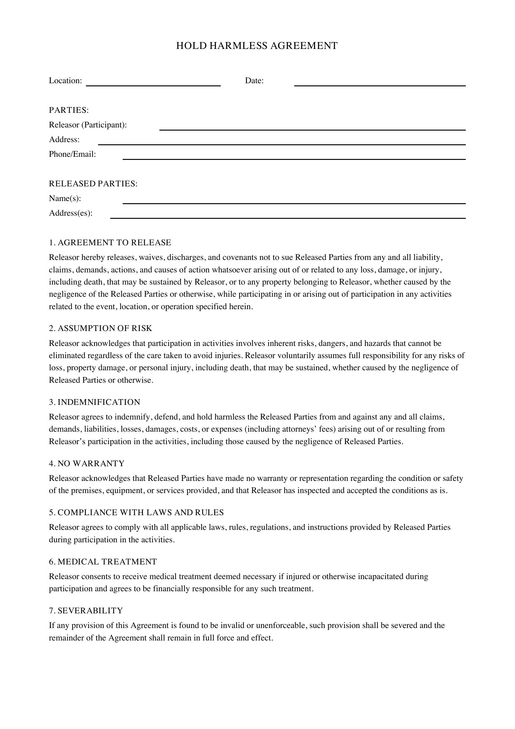 Hold Harmless Agreement Florida Template