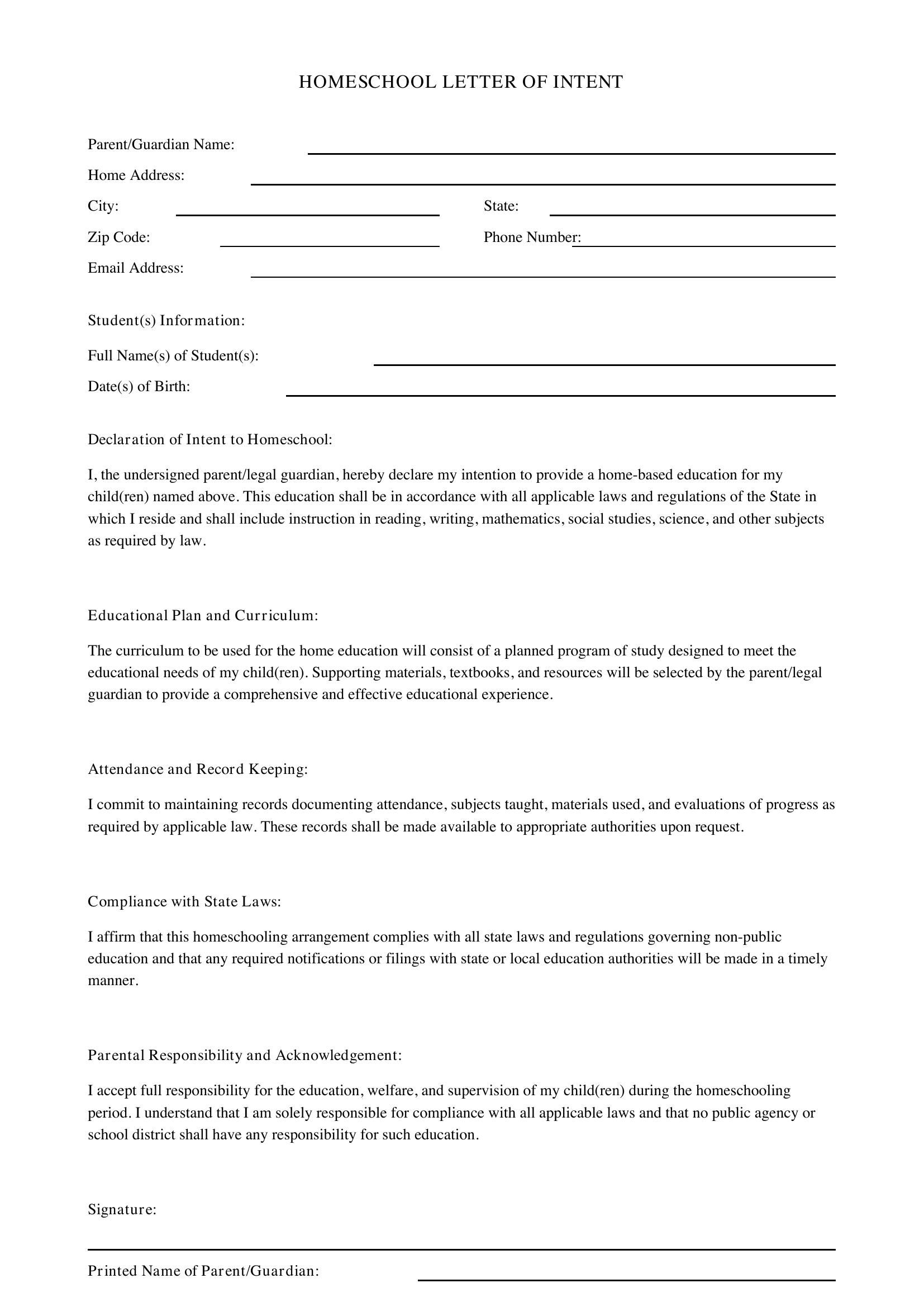Homeschool Letter Of Intent Template