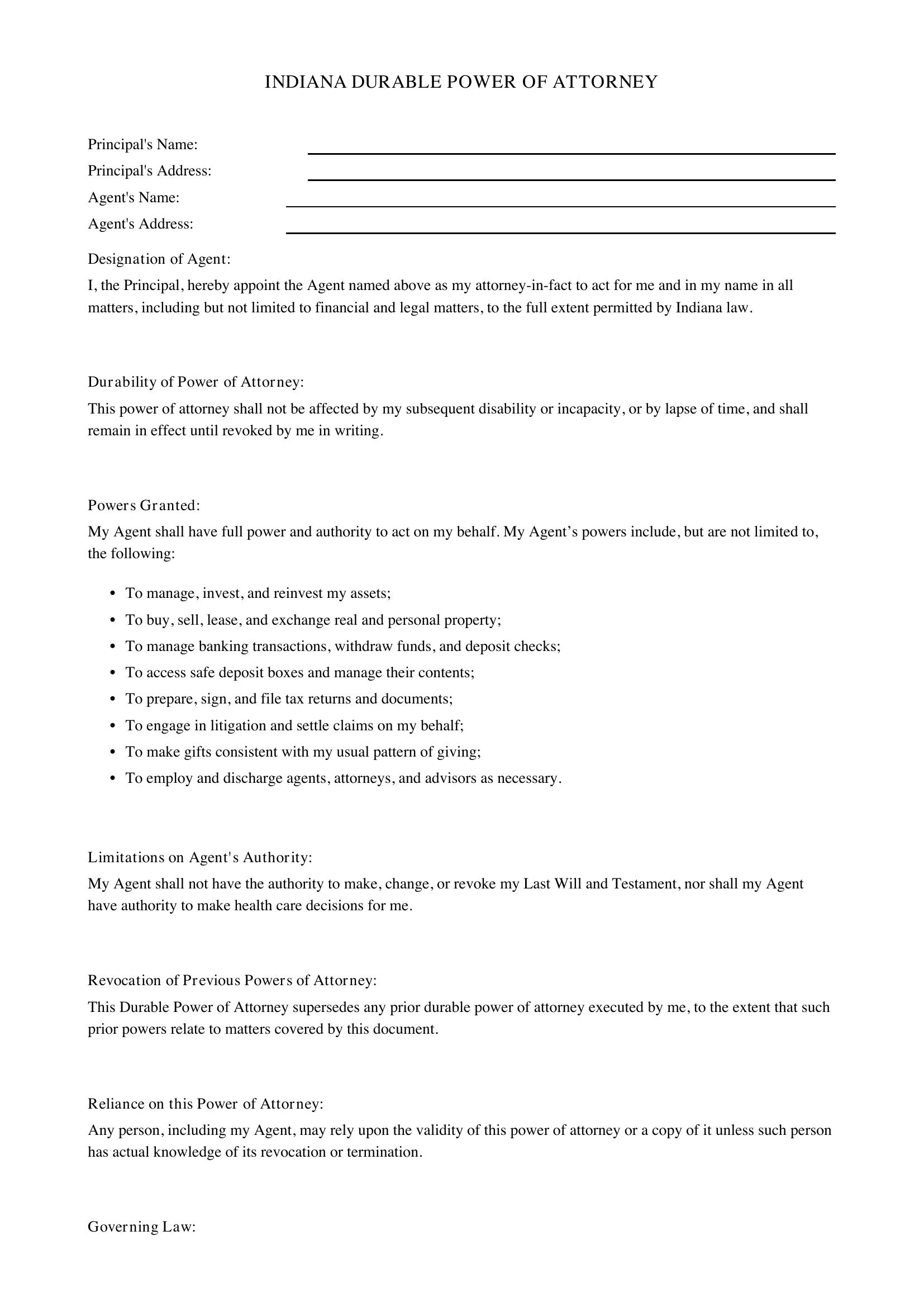 Indiana Durable Power Of Attorney Template