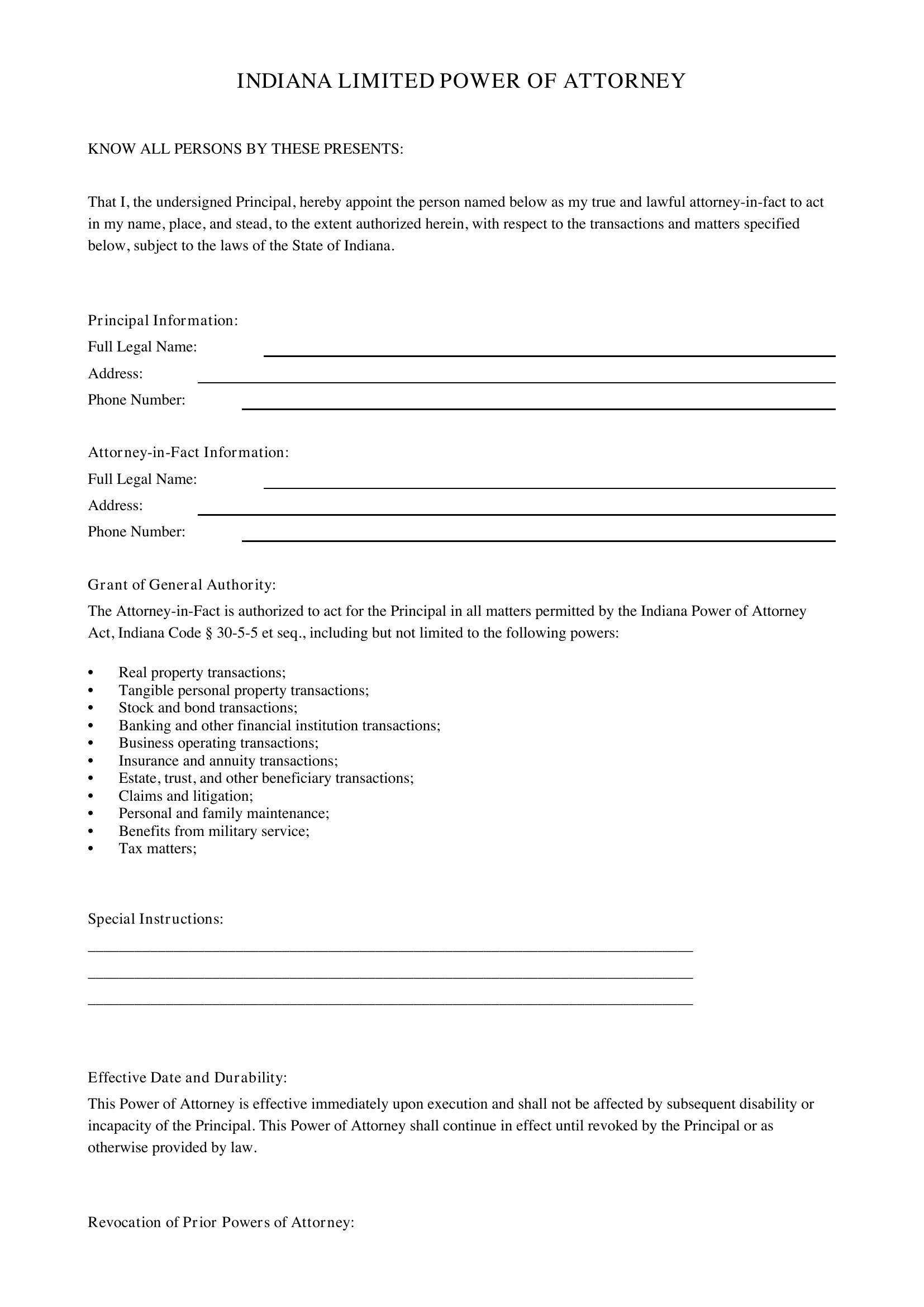 Indiana Power Of Attorney Template