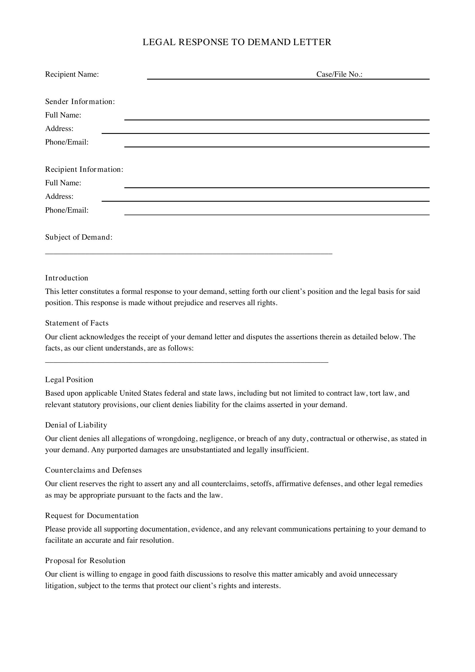 Legal Response To Demand Letter Template