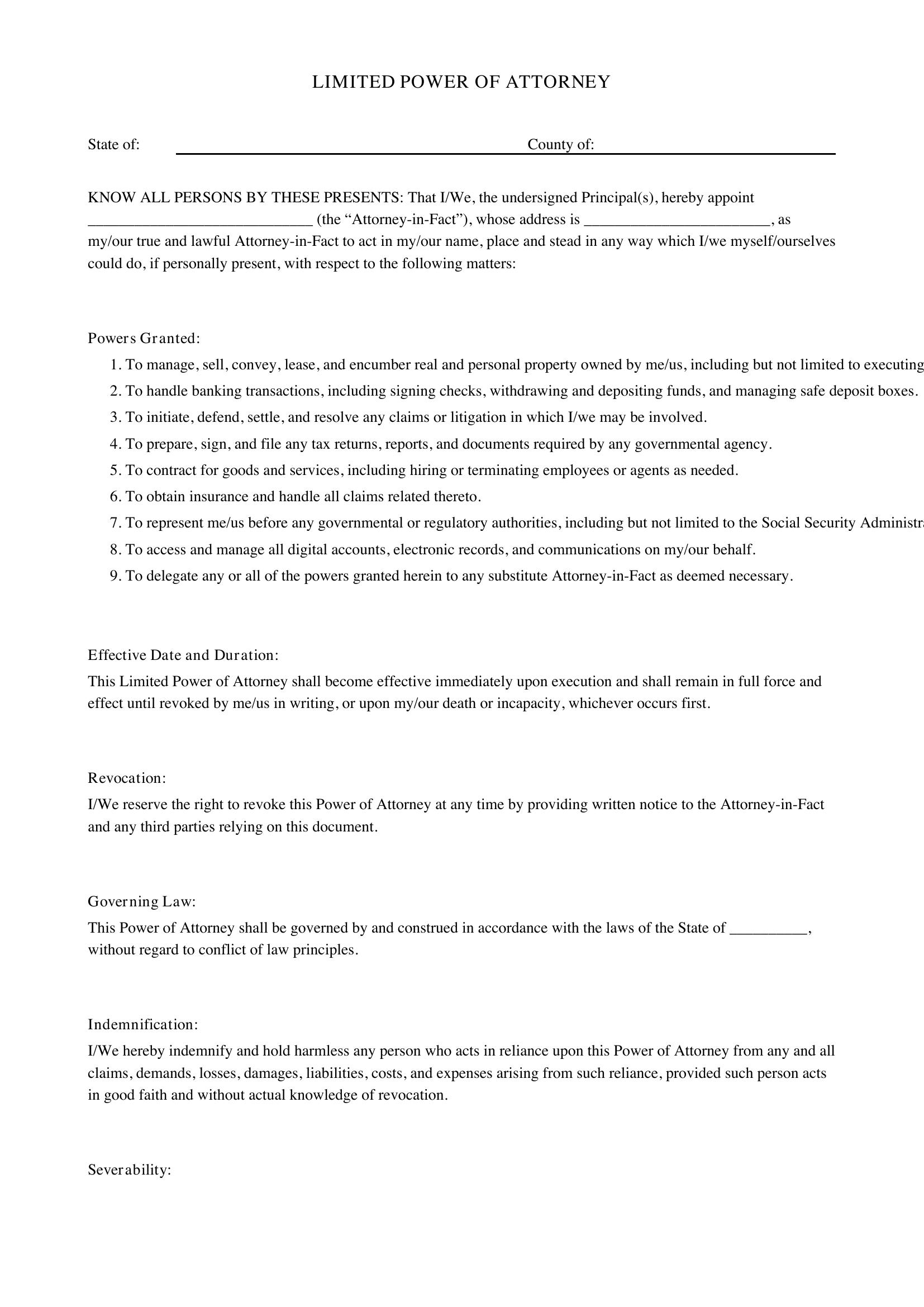 Limited Power Of Attorney Template