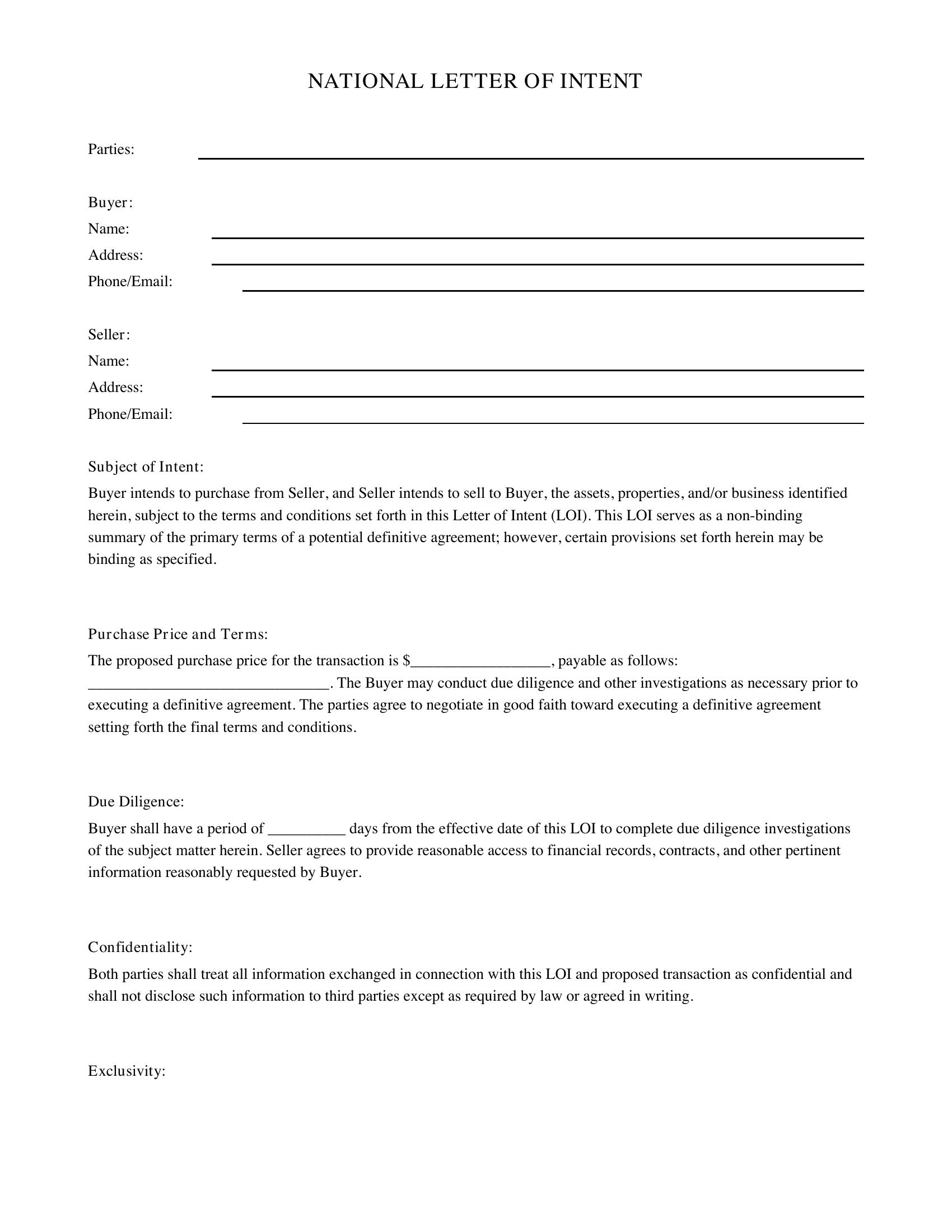 National Letter Of Intent Template