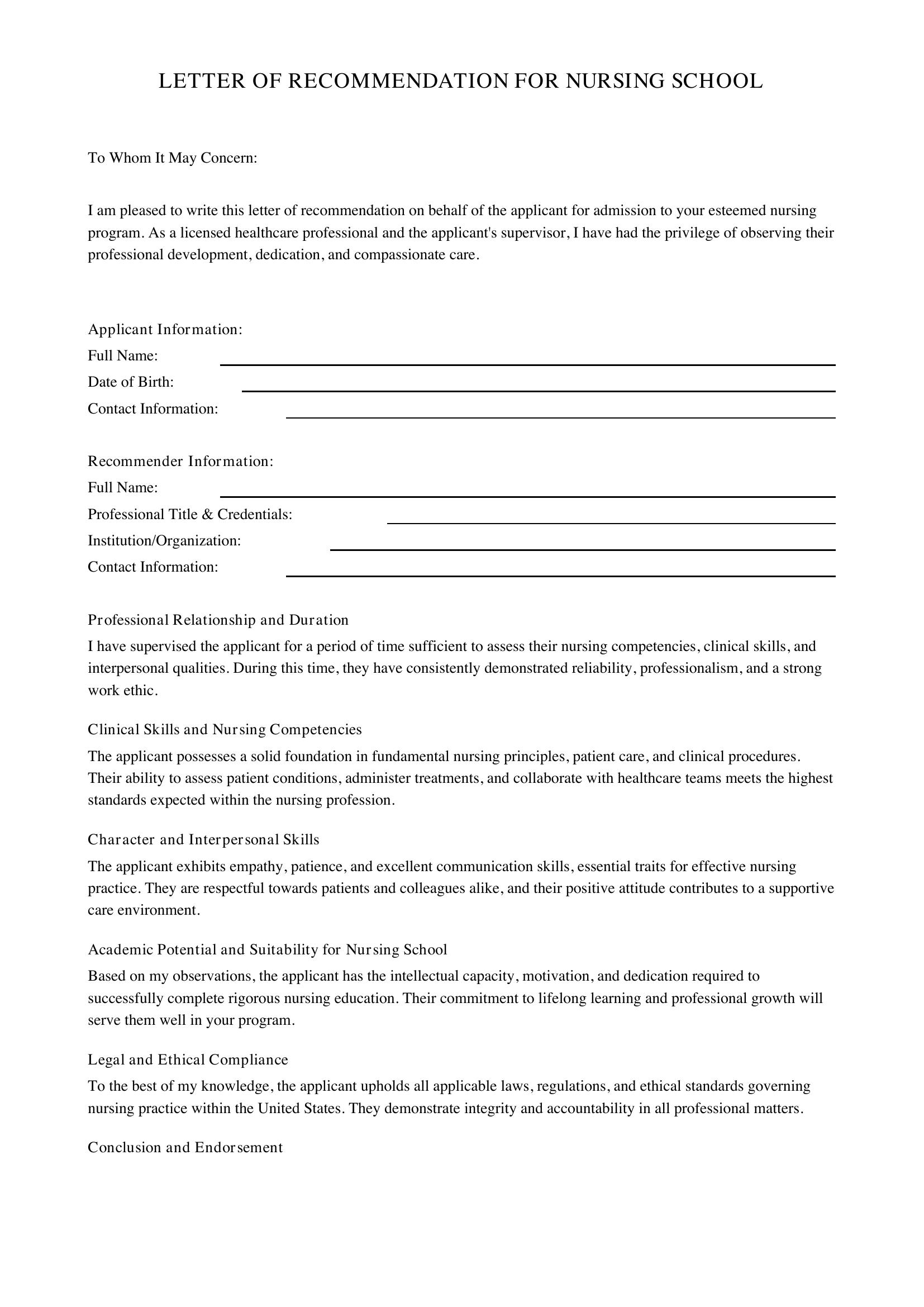 Nursing School Letter Of Recommendation Template