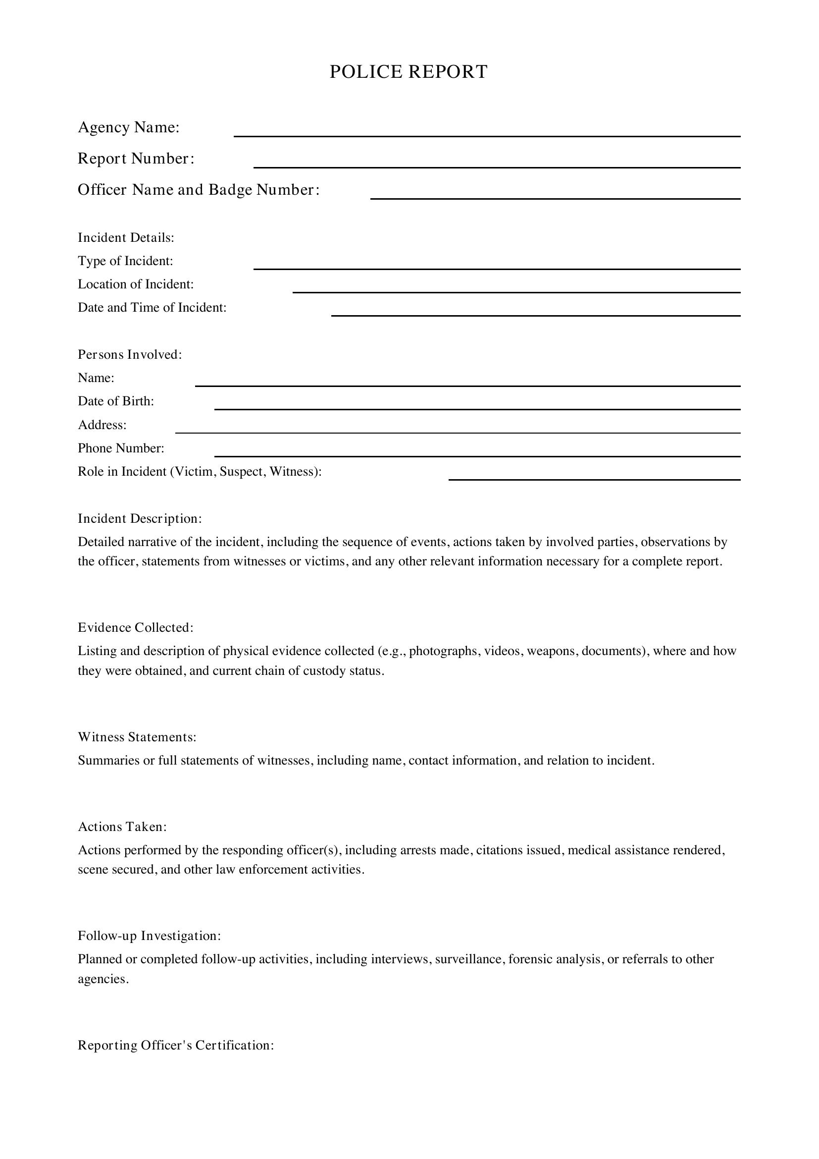 Police Report Template