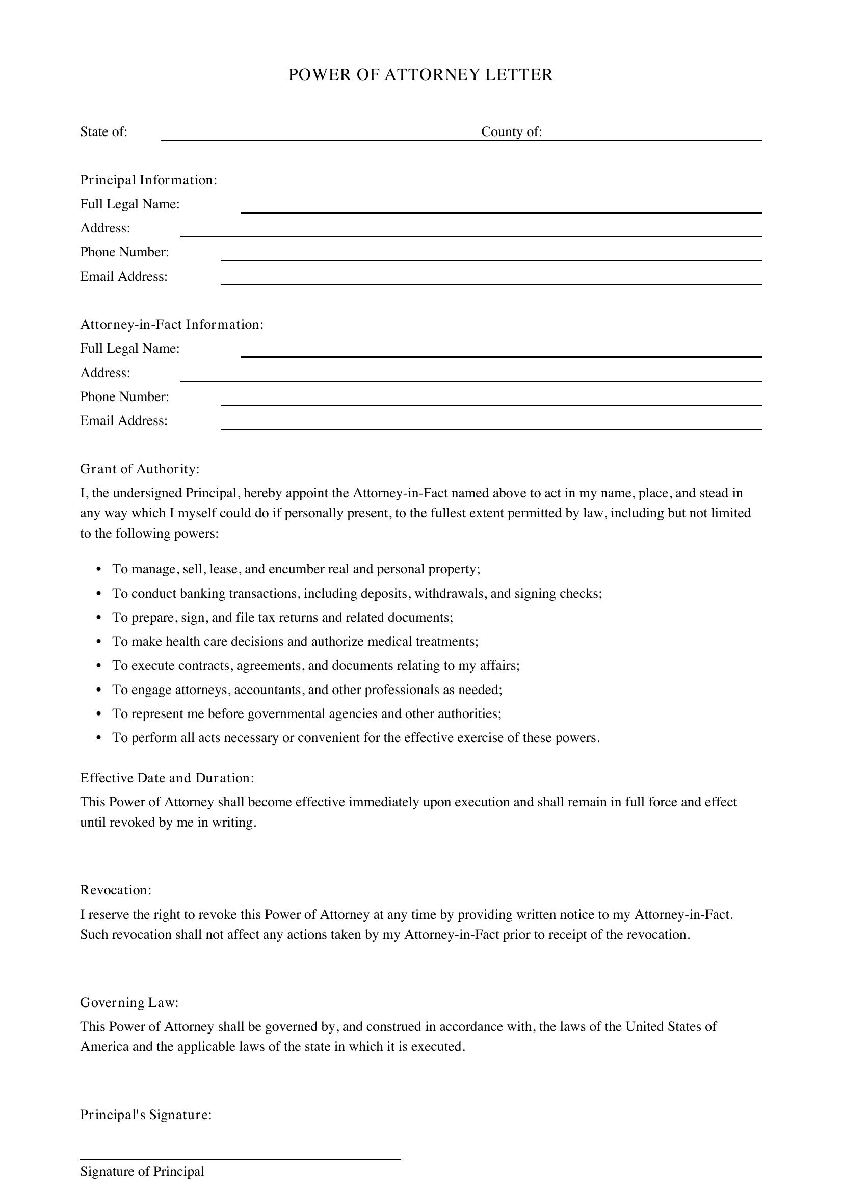 Power Of Attorney Letter Template