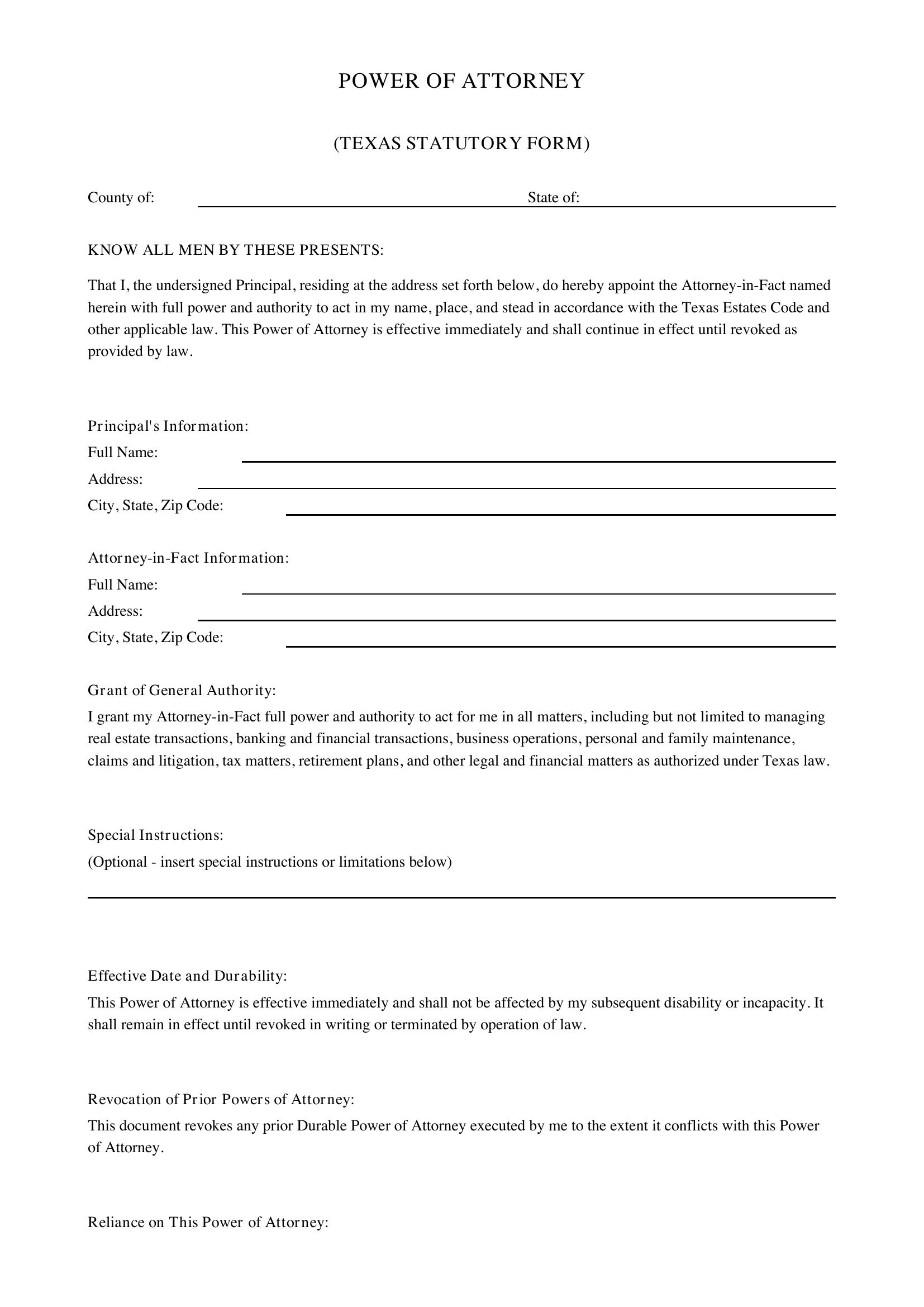 Power Of Attorney Texas Template