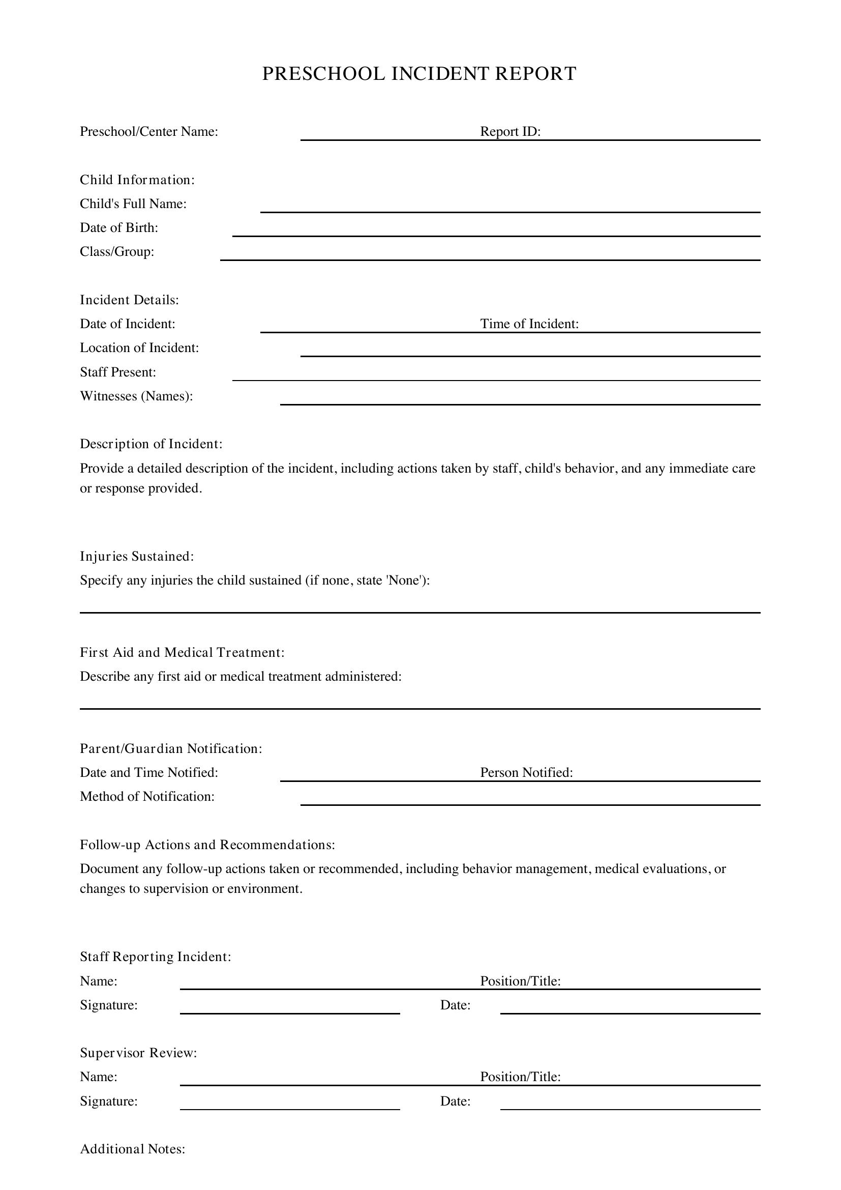 Preschool Incident Report Template