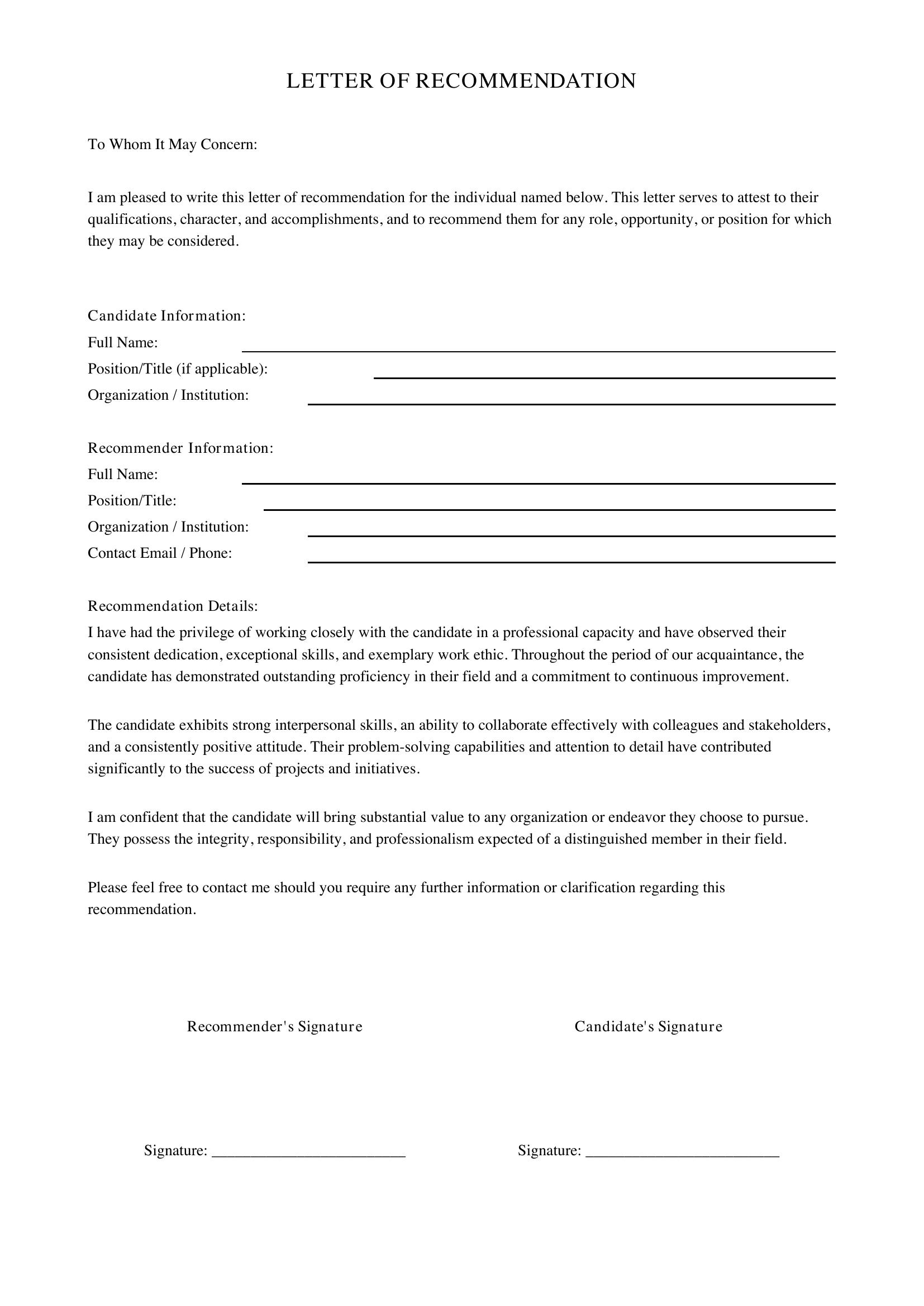 Printable Letter Of Recommendation Template