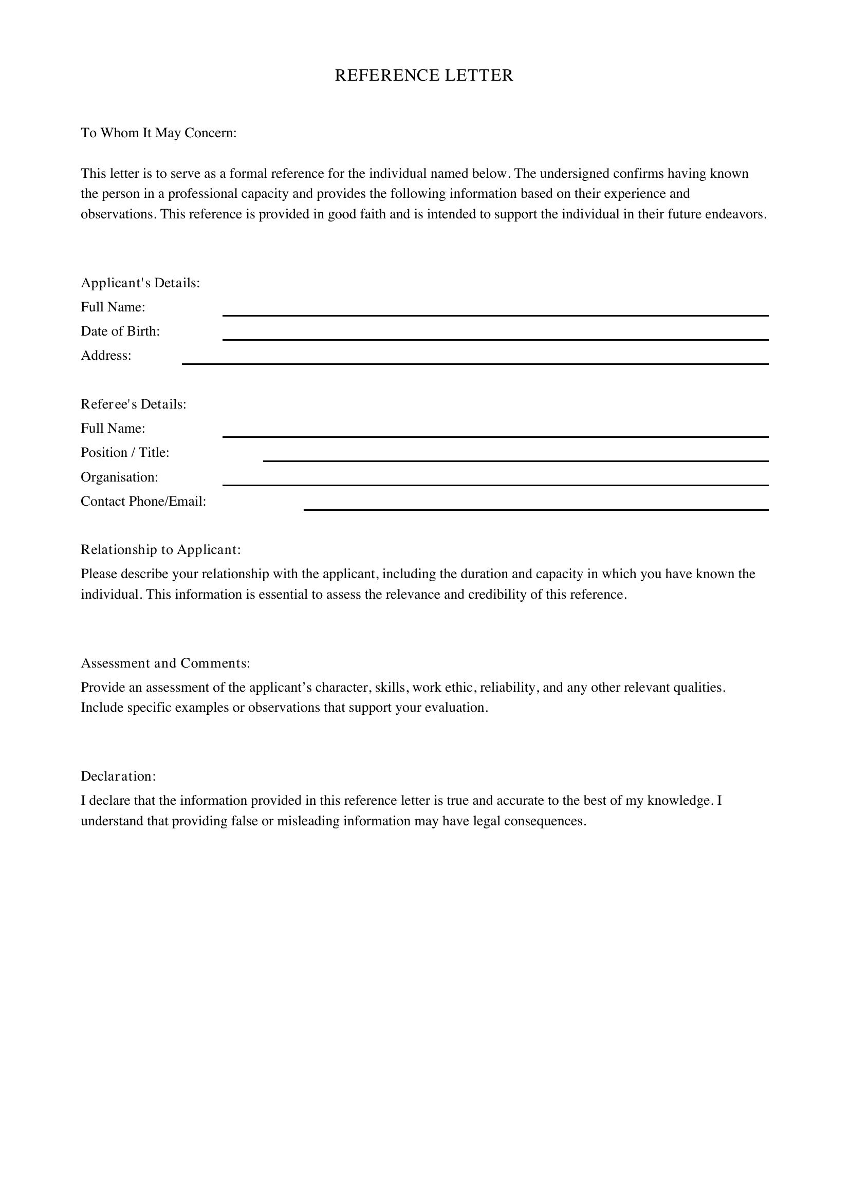 Reference Letter Template Australia