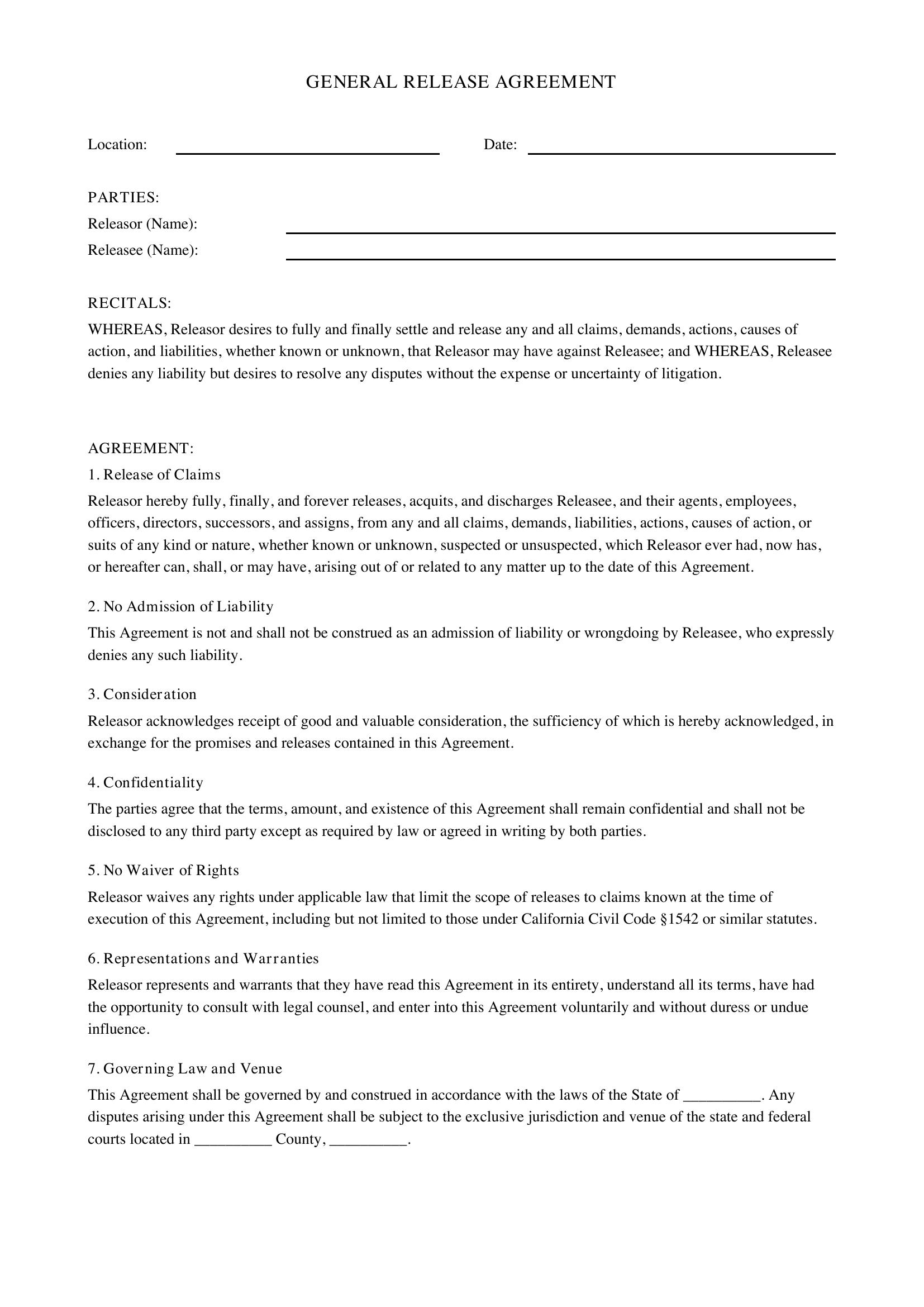 Release Agreement Template