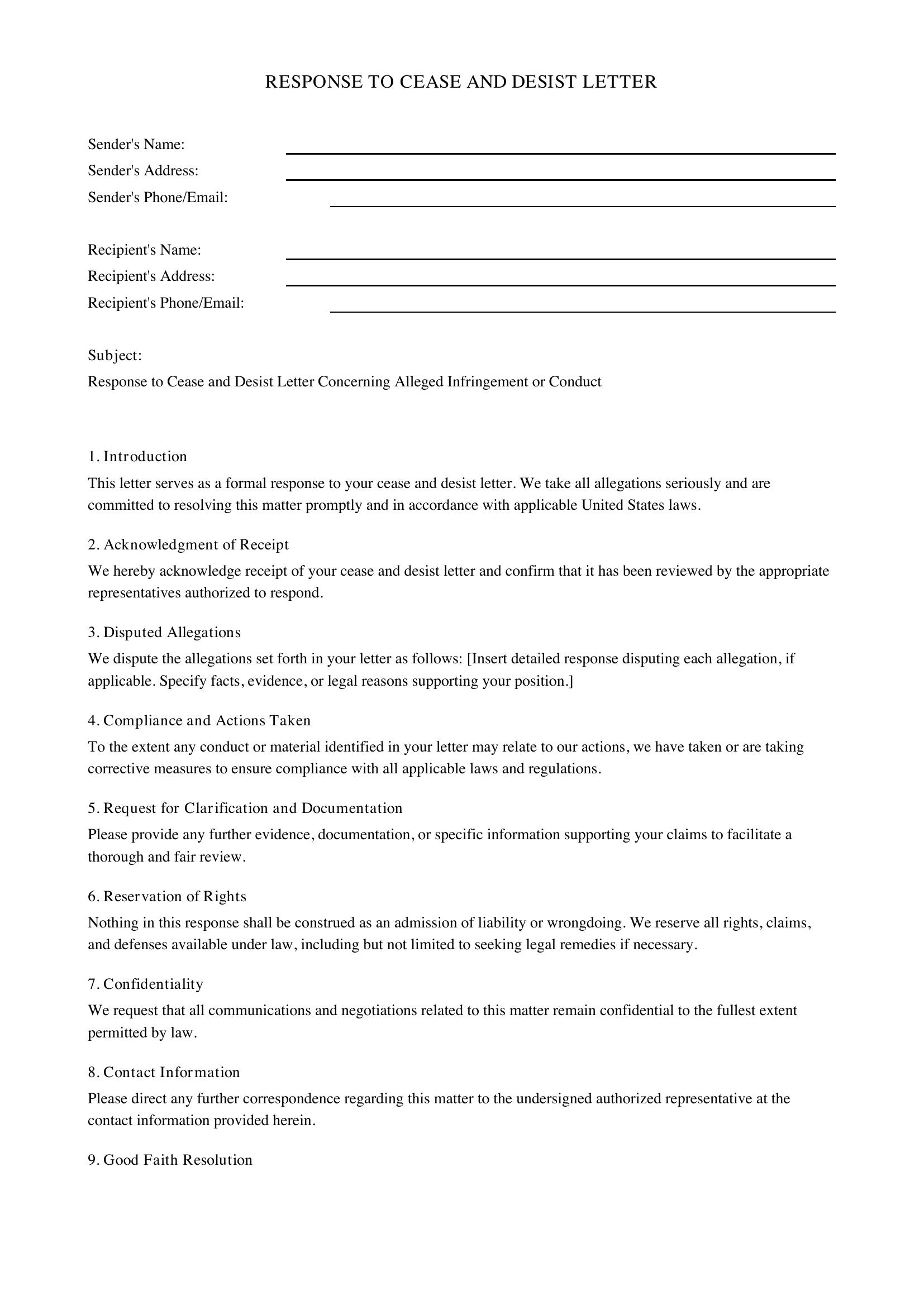 Response To Cease And Desist Letter Template