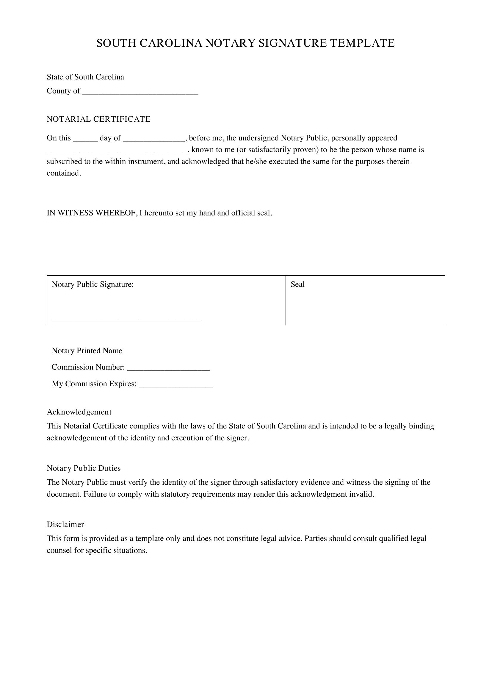 Sc Notary Signature Template