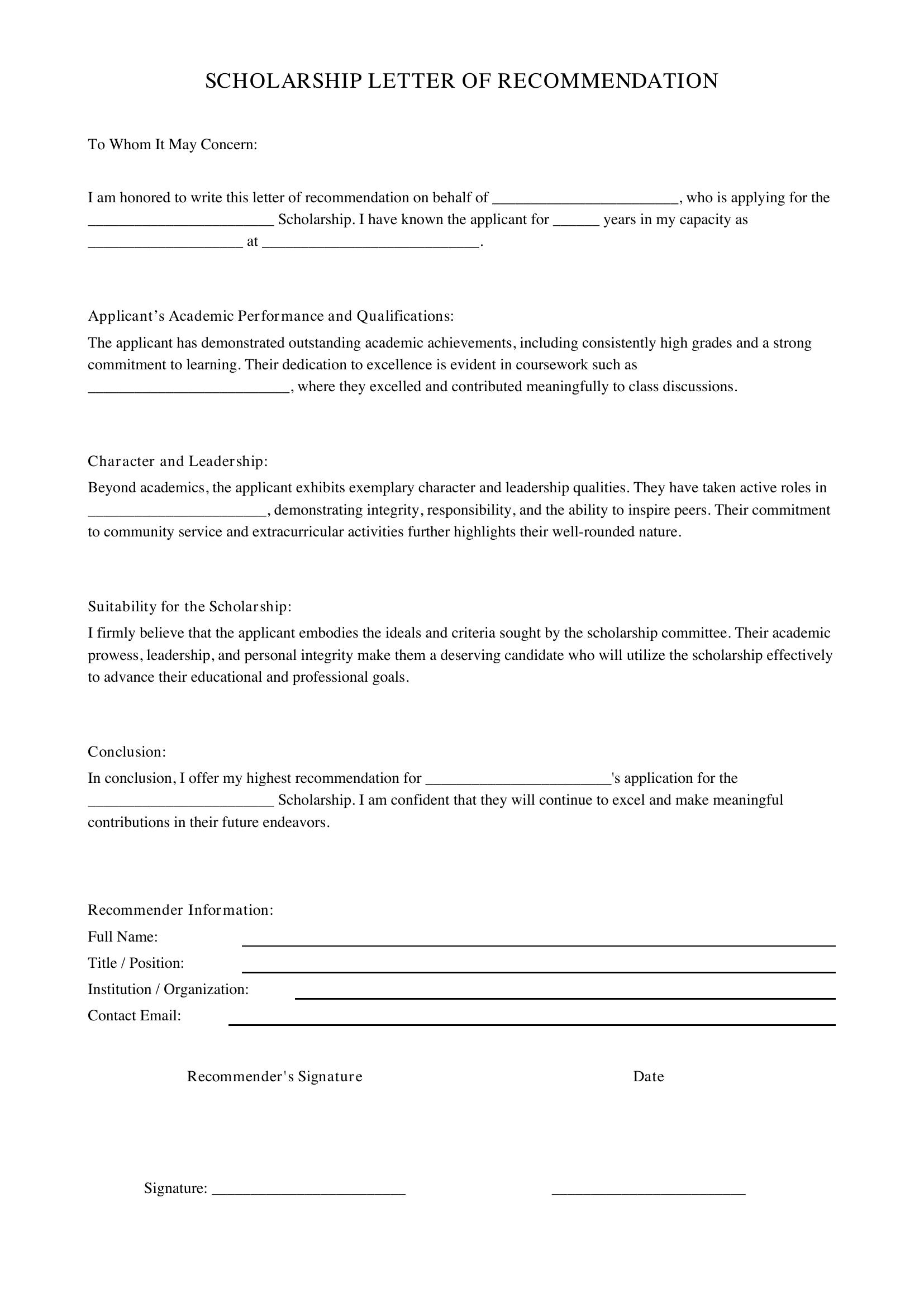 Scholarship Letter Of Recommendation Template