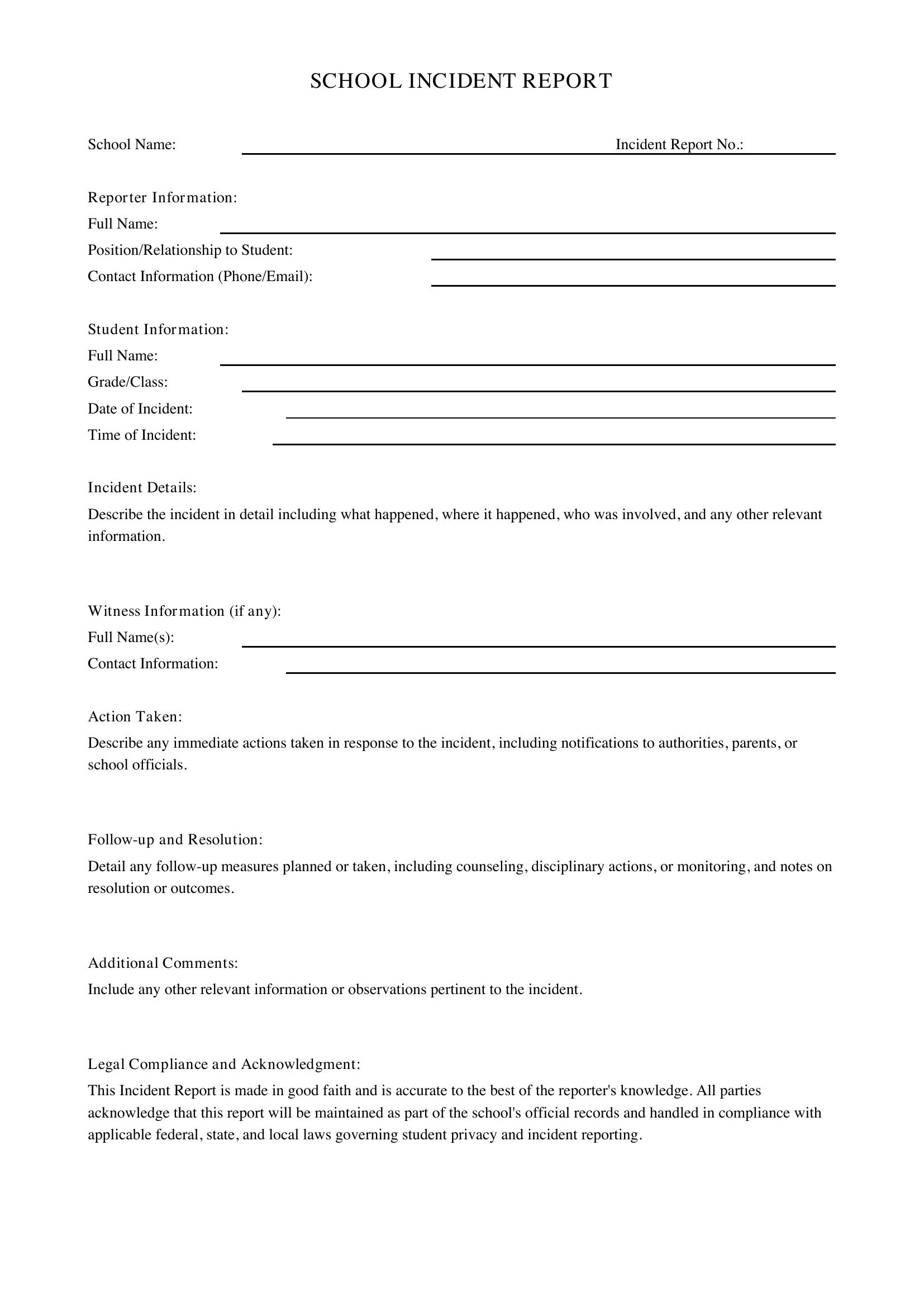 School Incident Report Template