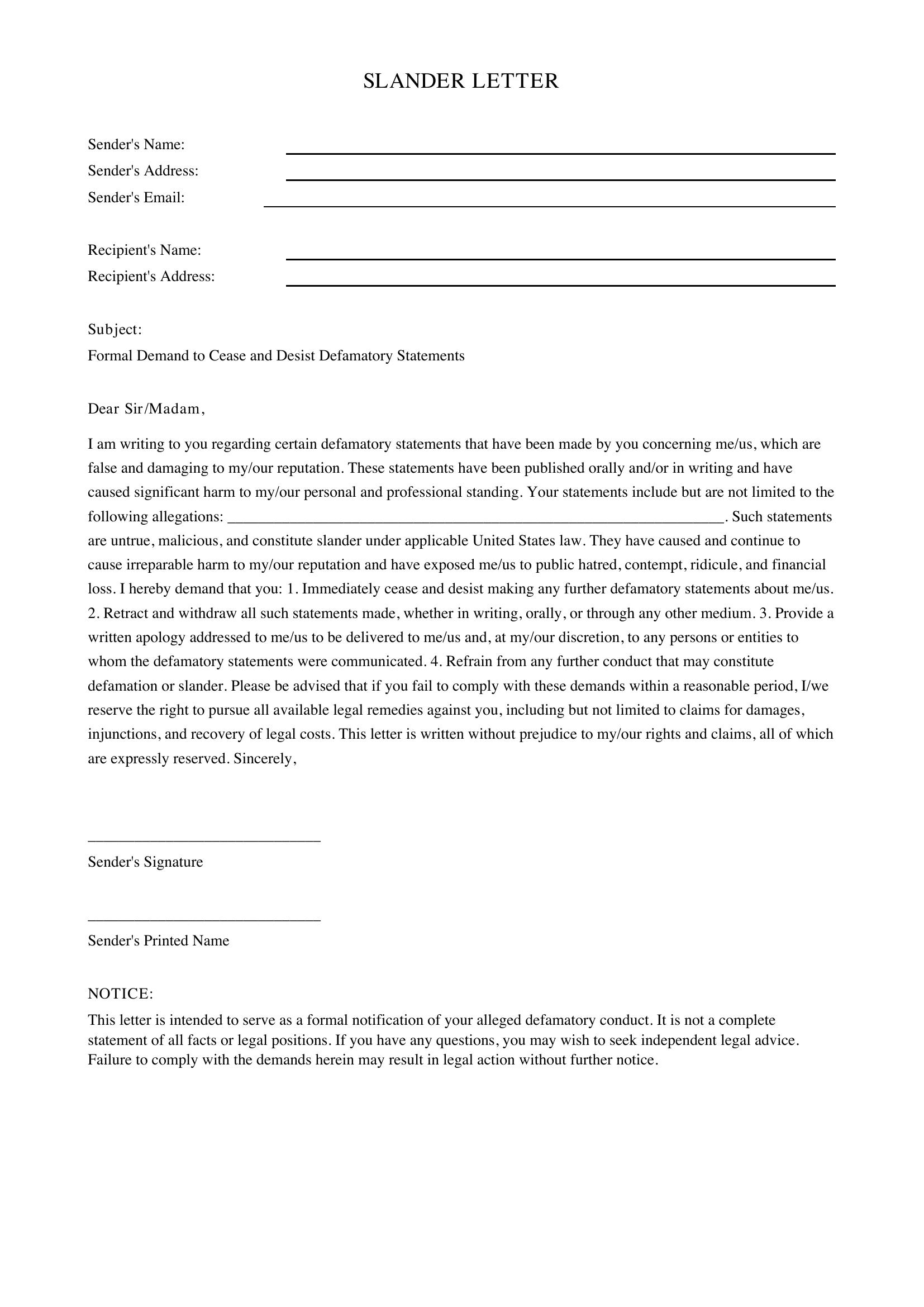 Slander Letter Template Uk