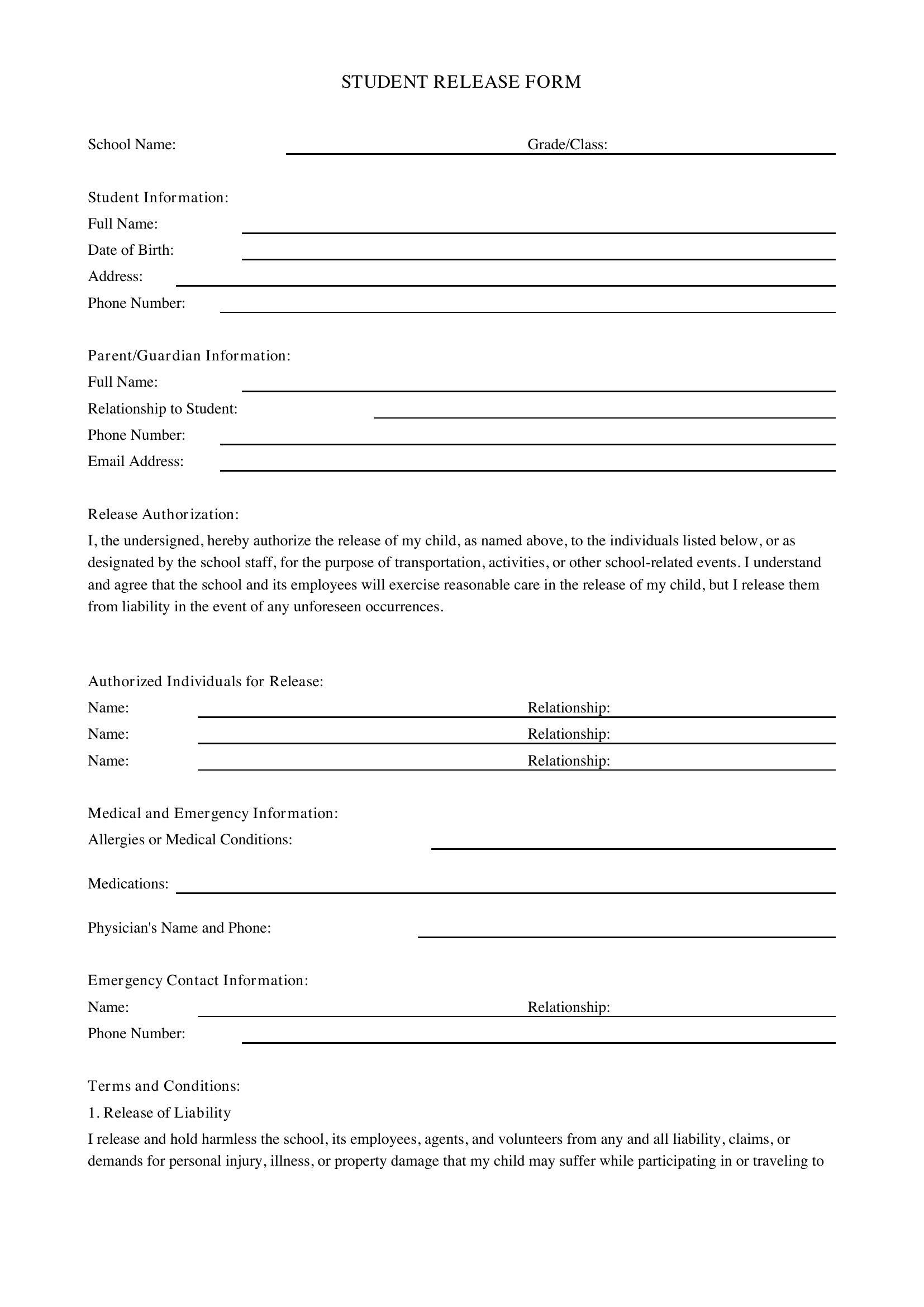 Student Release Form Template