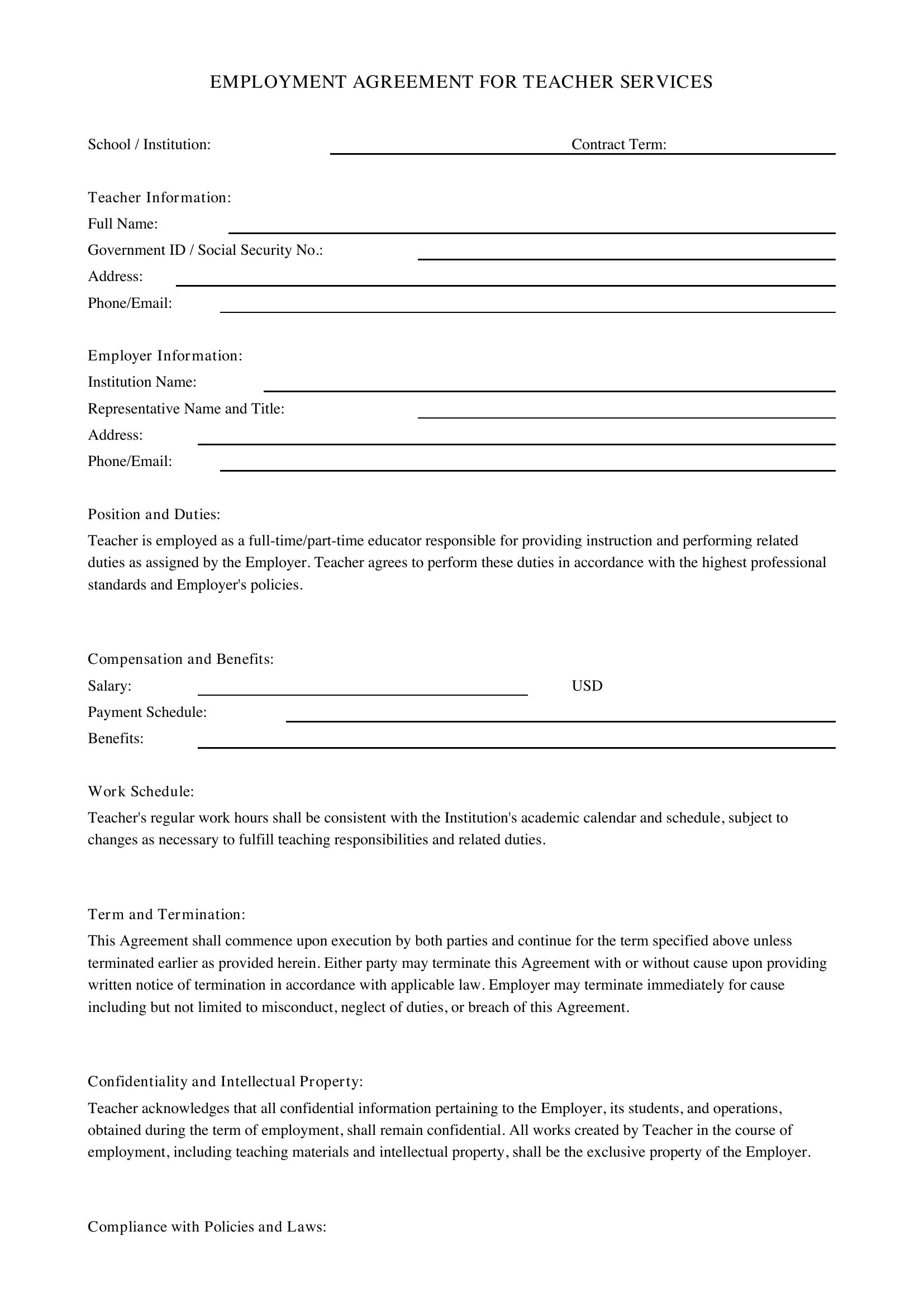 Teacher Contract Template