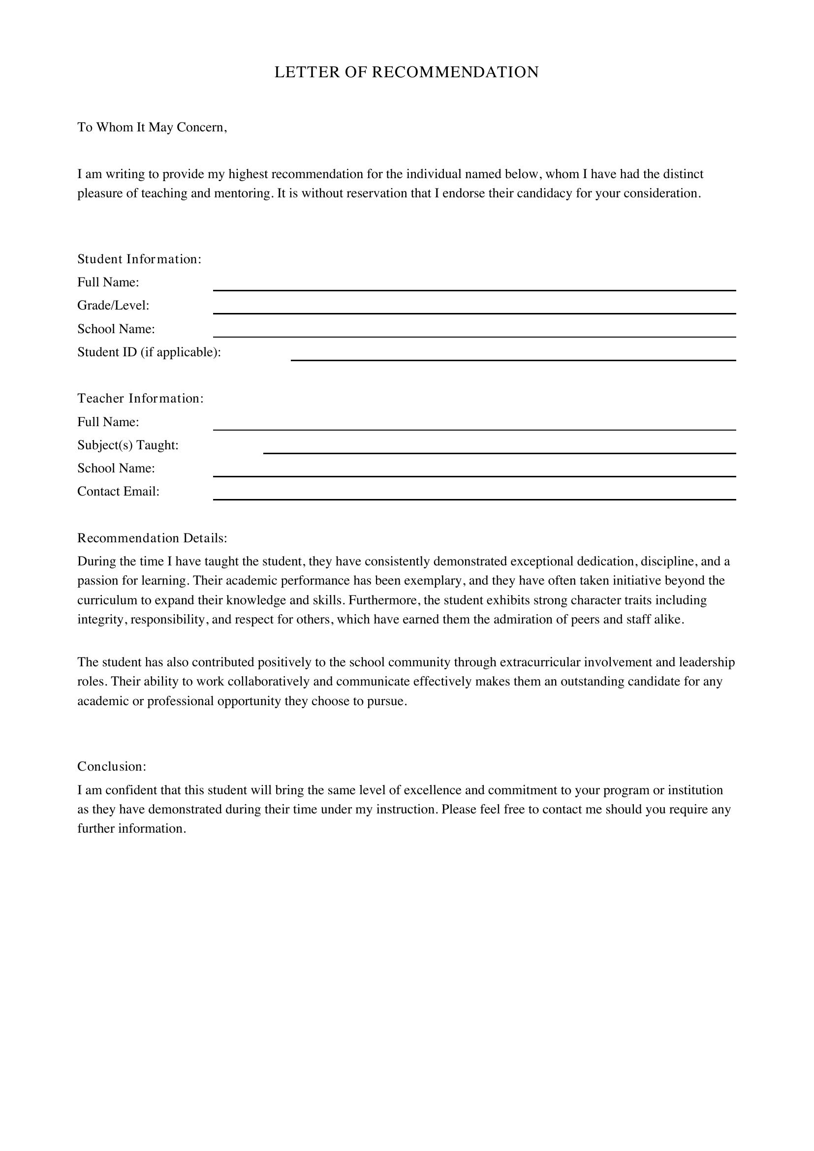 Teacher Letter Of Recommendation Template