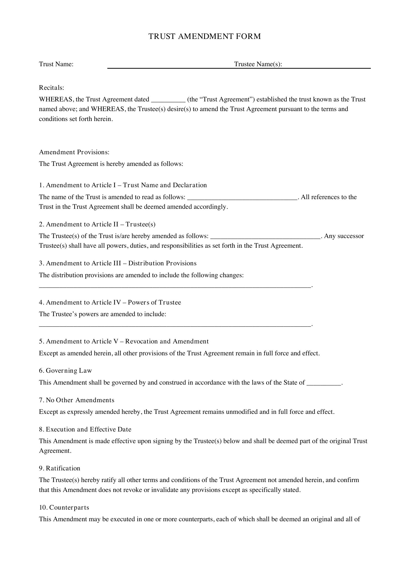 Trust Amendment Form Template
