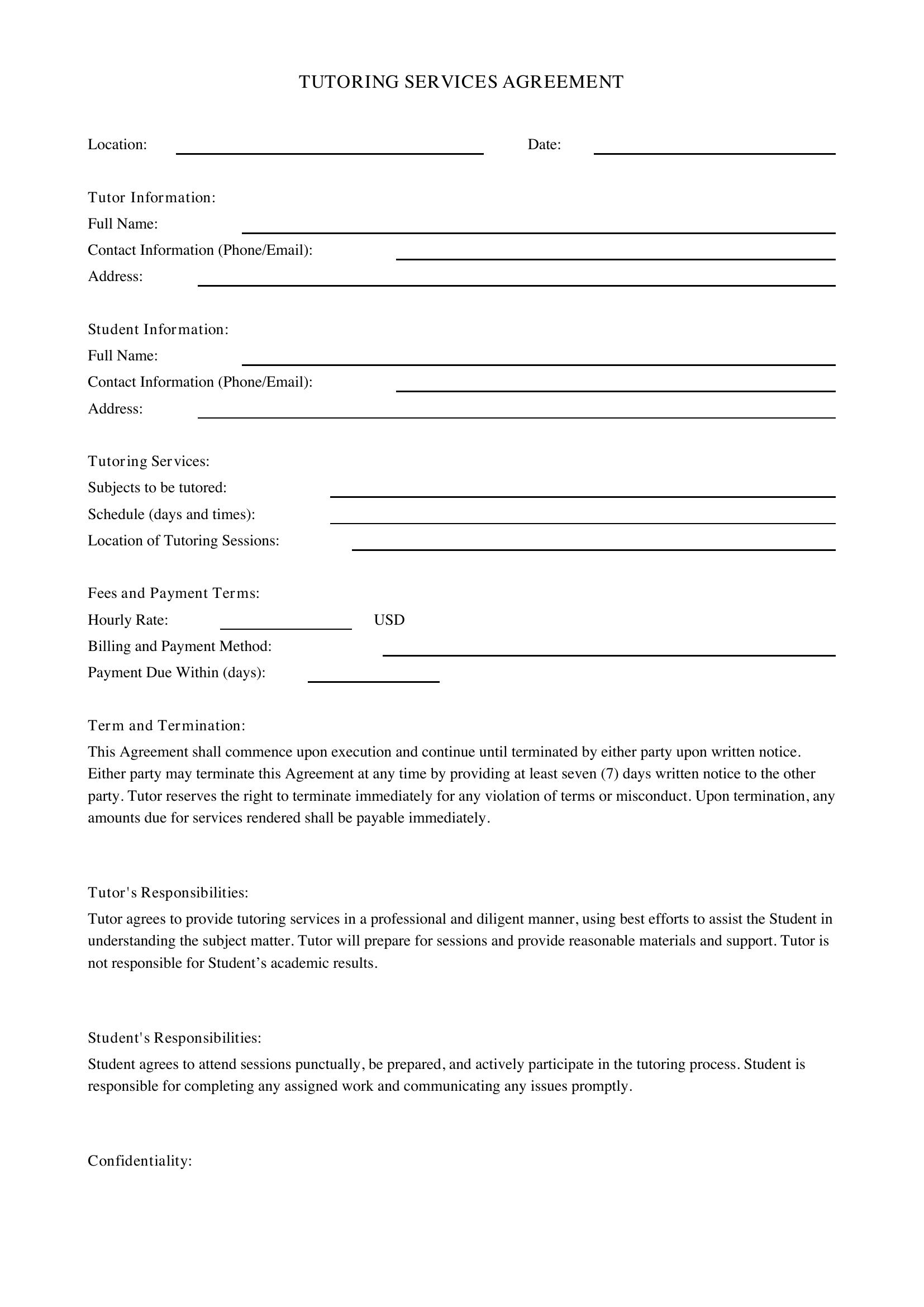 Tutoring Contract Template