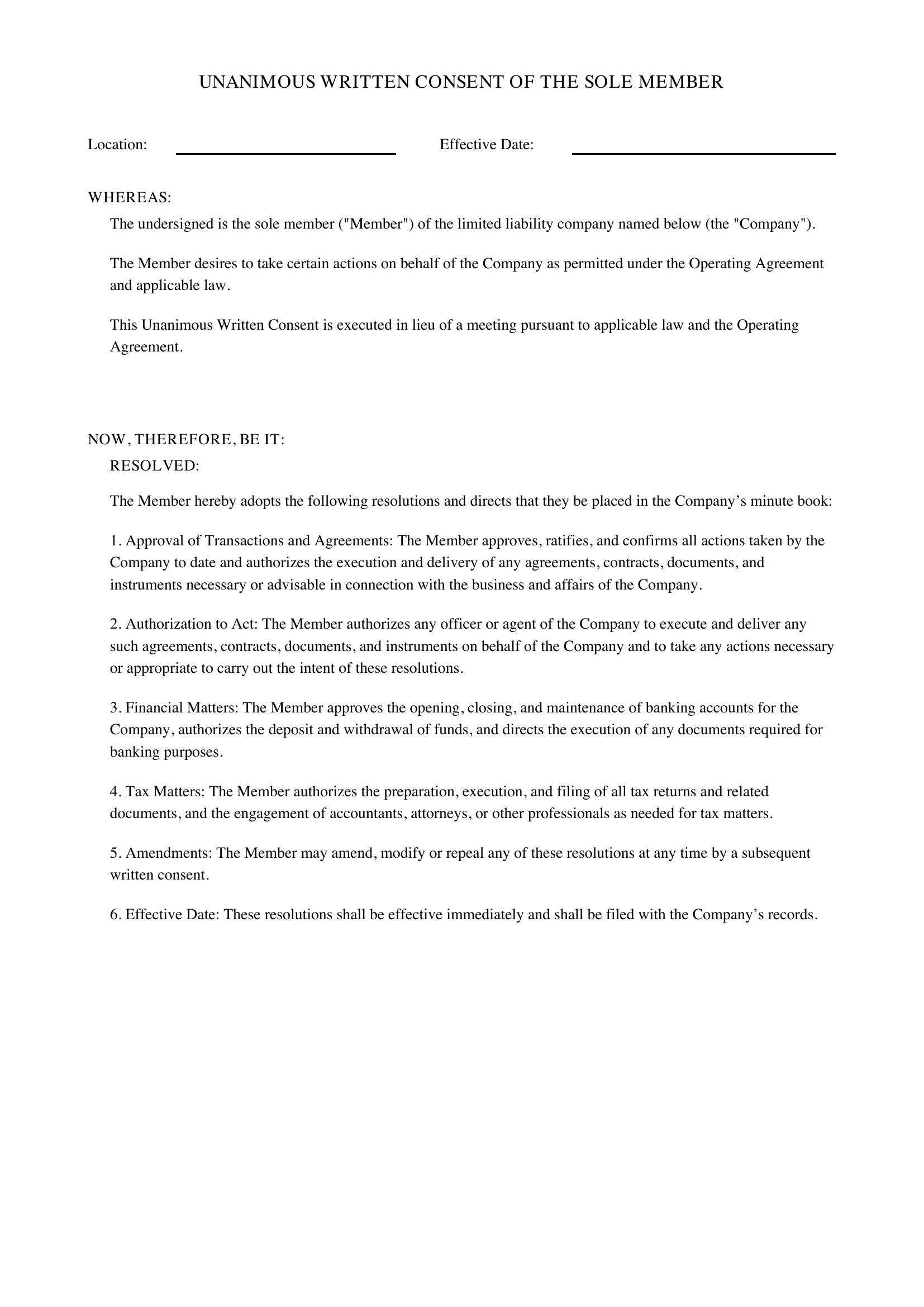 Unanimous Written Consent Template