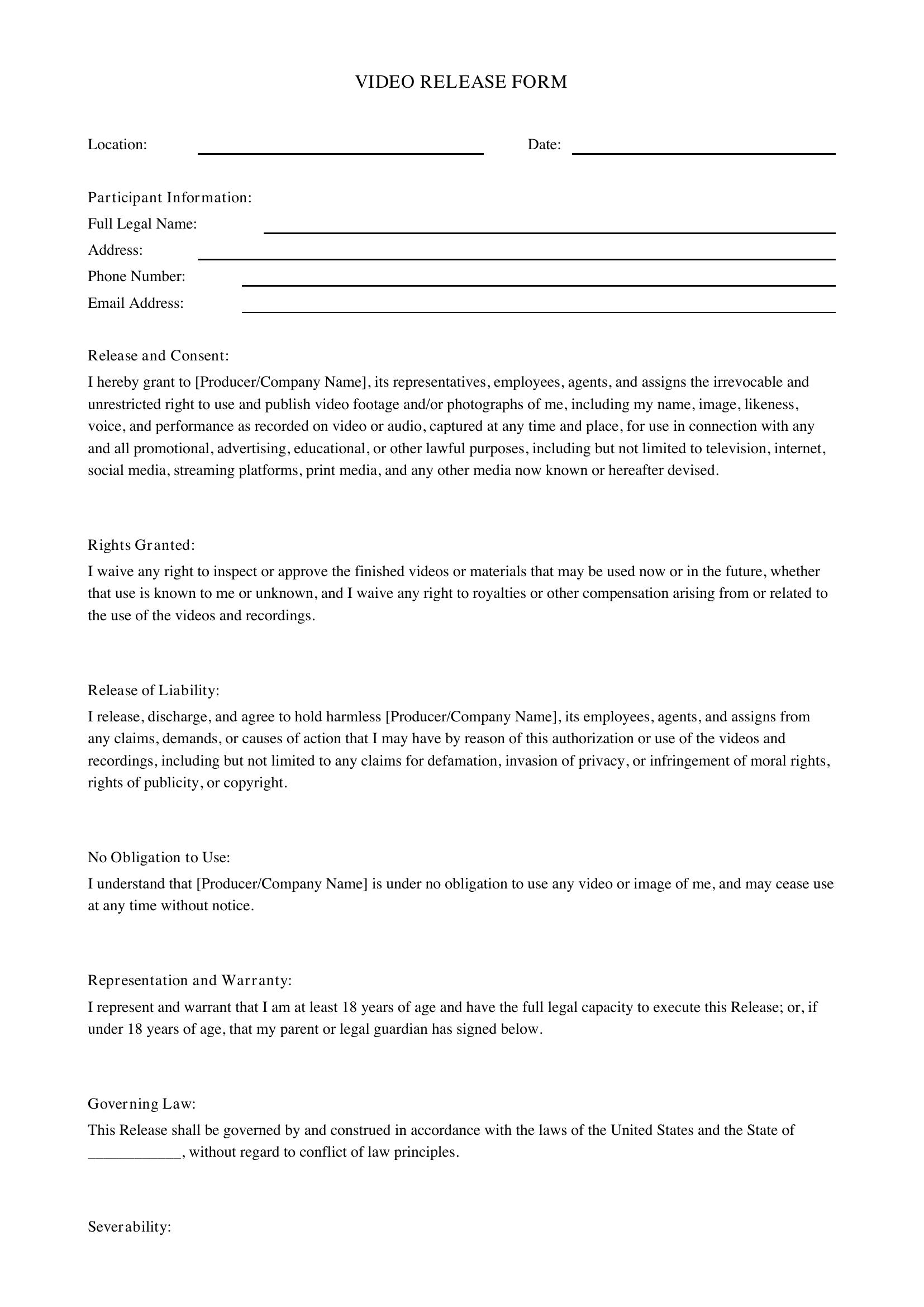 Video Release Form Template